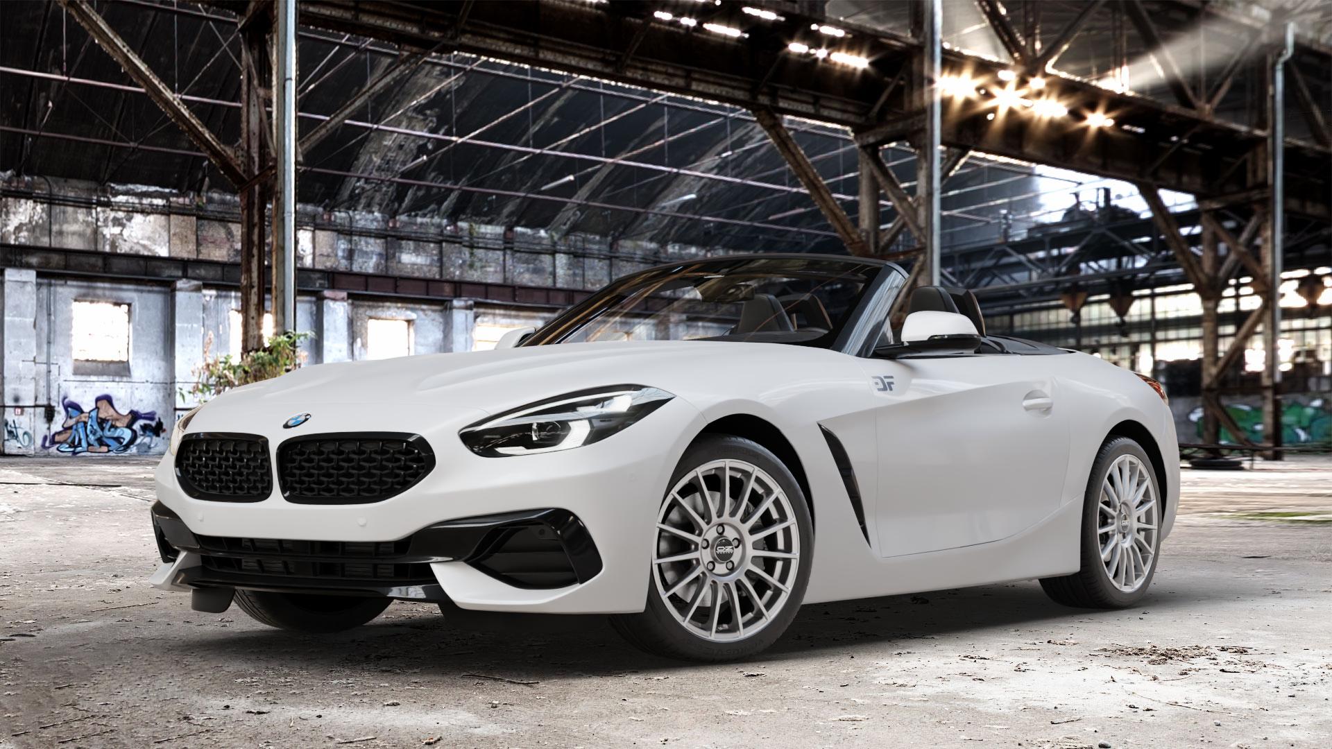 OZ RACING SUPERTURISMO LM MATT GRAPHITE + SILVER LETTERING Felge mit Reifen anthrazit silber/grau in 18Zoll Alufelge auf weissem BMW Z4 Roadster Typ G29 (G4Z) Z1 Z8 ⬇️ mit 15mm Tieferlegung ⬇️ Old Industrial Hall_max_4400mm_2024 Frontansicht_1