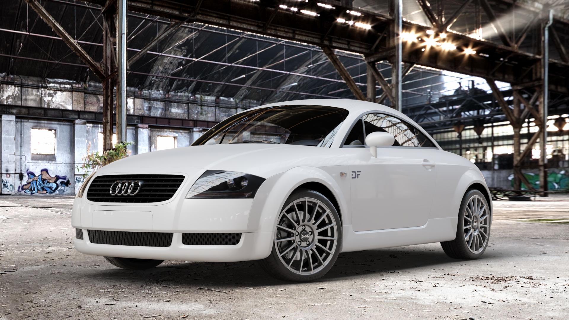 OZ RACING SUPERTURISMO LM MATT RACE SILVER + BLACK LETTER. Felge mit Reifen silber schwarz in 18Zoll Winterfelge Alufelge auf weissem Audi TT I Typ 8N (Coupé) 1,8l T 110kW (150 PS) 132kW (179 120kW (163 140kW (190 quattro 165kW (224 176kW (239 3,2l VR6 184kW (250 ⬇️ mit 15mm Tieferlegung ⬇️ Old Industrial Hall_max_4400mm_2024 Frontansicht_1