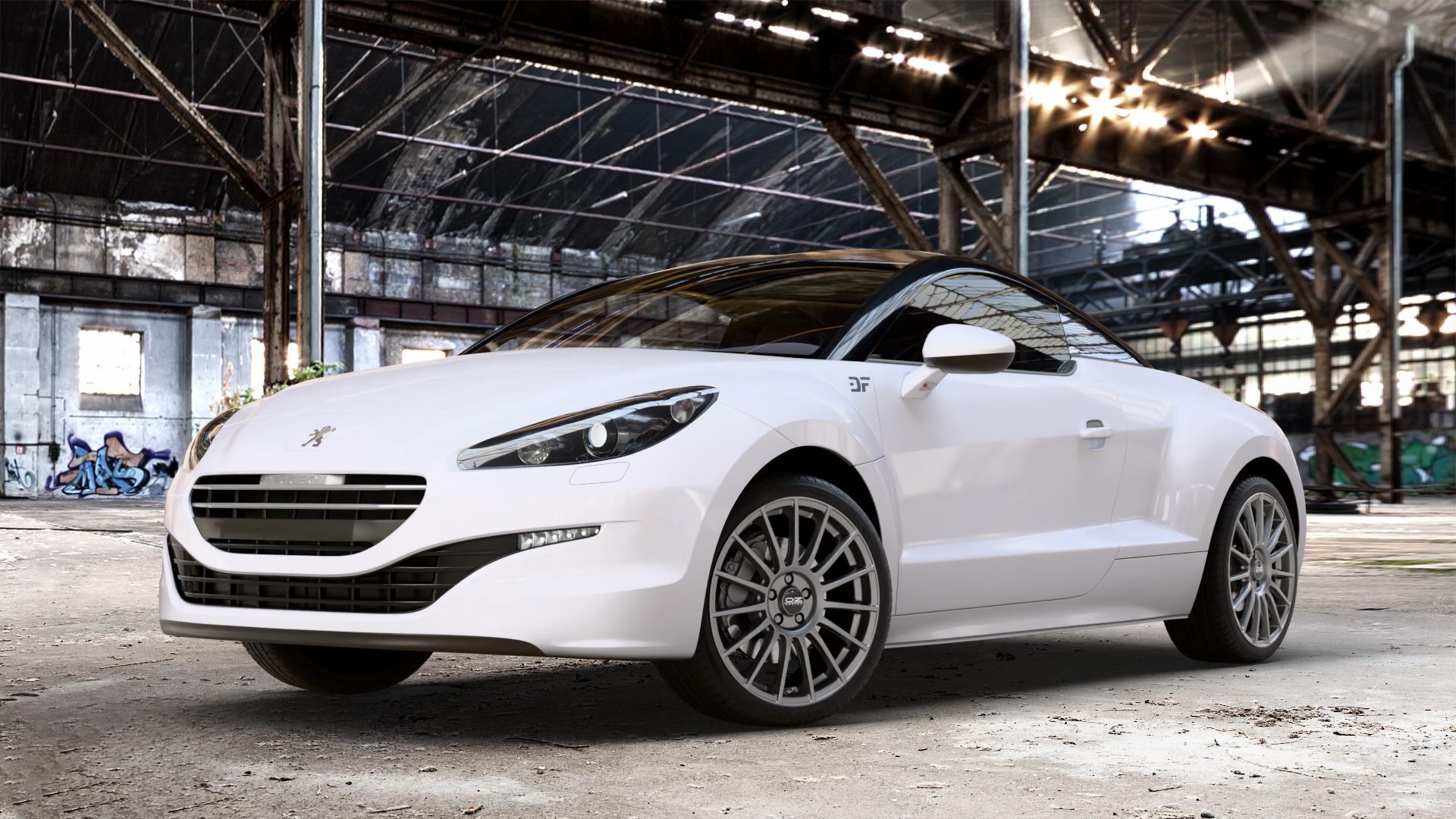 OZ RACING SUPERTURISMO LM MATT RACE SILVER + BLACK LETTER. Felge mit Reifen silber schwarz in 19Zoll Winterfelge Alufelge auf weissem Peugeot RCZ Facelift ⬇️ mit 15mm Tieferlegung ⬇️ Old Industrial Hall_max_4400mm_2024 Frontansicht_1