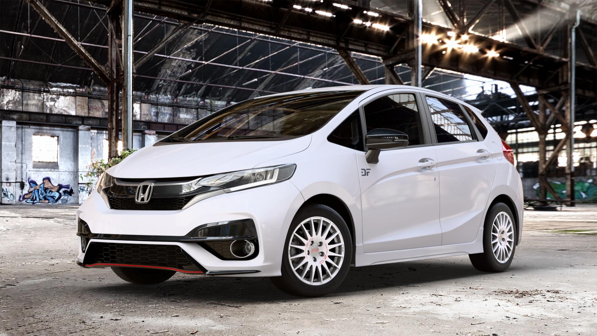 OZ RACING SUPERTURISMO WRC RACE WHITE + RED LETTERING Felge mit Reifen rot weiss weiß in 15Zoll Winterfelge Alufelge auf weissem Honda Jazz IV (GK) Facelift ⬇️ mit 15mm Tieferlegung ⬇️ Old Industrial Hall_max_4400mm_2024 Frontansicht_1