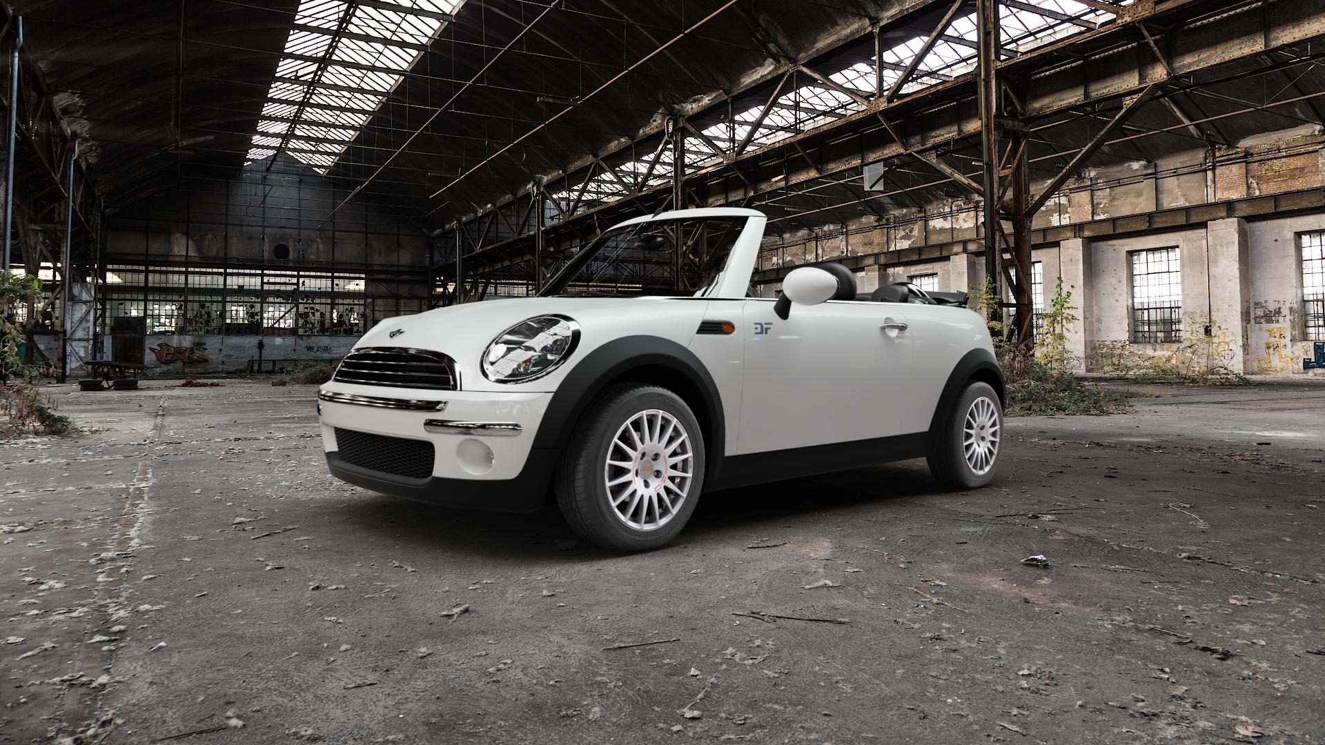 OZ RACING SUPERTURISMO WRC RACE WHITE + RED LETTERING Felge mit Reifen rot weiss weiß in 15Zoll Winterfelge Alufelge auf weissem Mini R52 Typ MINI (Cabriolet) ⬇️ mit 15mm Tieferlegung ⬇️ Old Industrial Hall_max5000mm_2022 Frontansicht_1