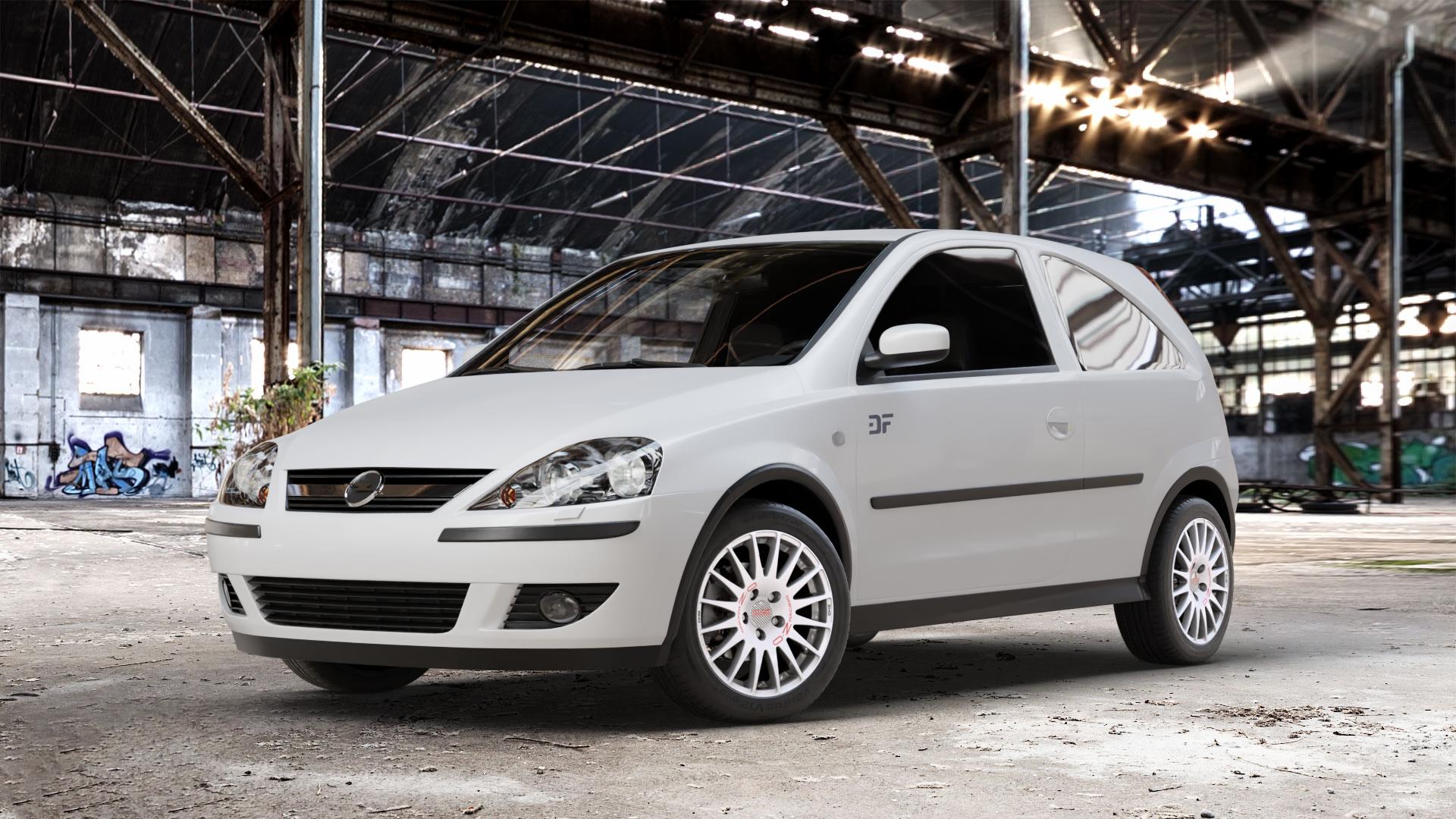 OZ RACING SUPERTURISMO WRC RACE WHITE + RED LETTERING Felge mit Reifen rot weiss weiß in 15Zoll Winterfelge Alufelge auf weissem Opel Corsa C Typ CORSA-C ⬇️ mit 15mm Tieferlegung ⬇️ Old Industrial Hall_max_4400mm_2024 Frontansicht_1