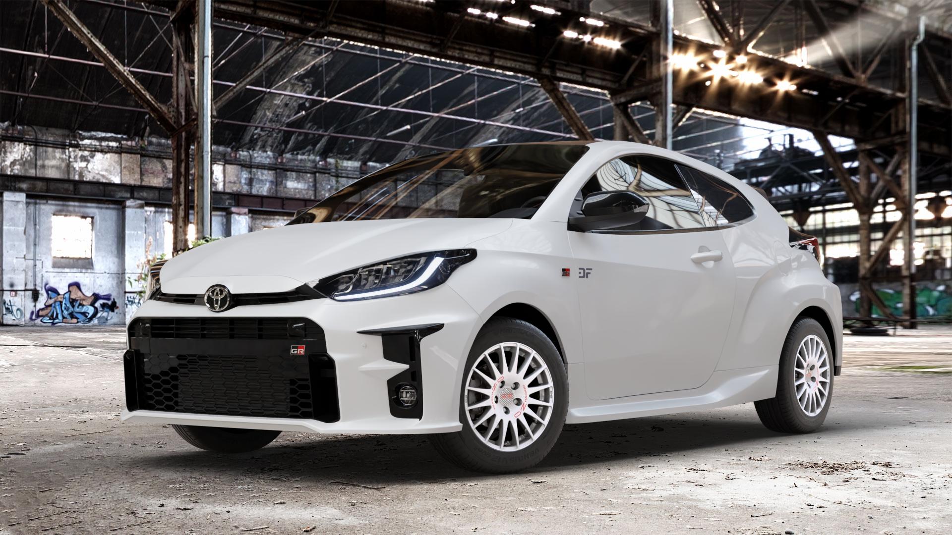 OZ RACING SUPERTURISMO WRC RACE WHITE + RED LETTERING Felge mit Reifen rot weiss weiß in 15Zoll Winterfelge Alufelge auf weissem Toyota Yaris IV Typ XPA1F(EU,M) l kW (0 PS) GR XPA1G(EU,M) ⬇️ mit 15mm Tieferlegung ⬇️ Old Industrial Hall_max_4400mm_2024 Frontansicht_1