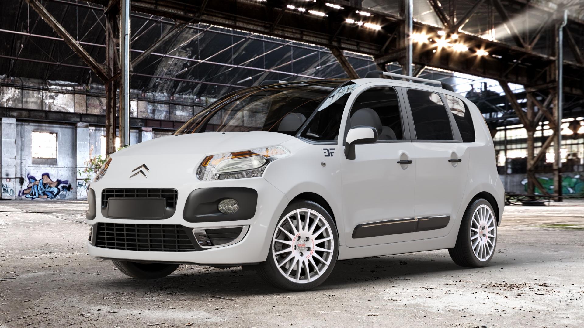 OZ RACING SUPERTURISMO WRC RACE WHITE + RED LETTERING Felge mit Reifen rot weiss weiß in 17Zoll Winterfelge Alufelge auf weissem Citroen C3 Picasso ⬇️ mit 15mm Tieferlegung ⬇️ Old Industrial Hall_max_4400mm_2024 Frontansicht_1