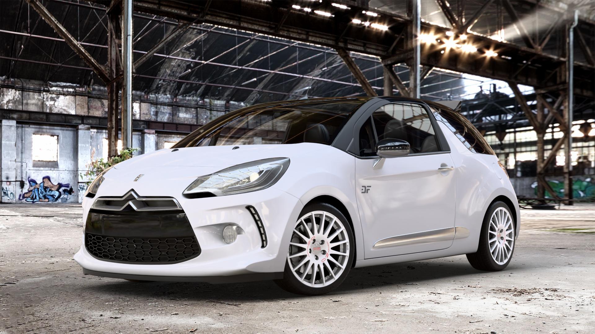 OZ RACING SUPERTURISMO WRC RACE WHITE + RED LETTERING Felge mit Reifen rot weiss weiß in 17Zoll Winterfelge Alufelge auf weissem Citroen DS3 Cabrio Facelift ⬇️ mit 15mm Tieferlegung ⬇️ Old Industrial Hall_max_4400mm_2024 Frontansicht_1