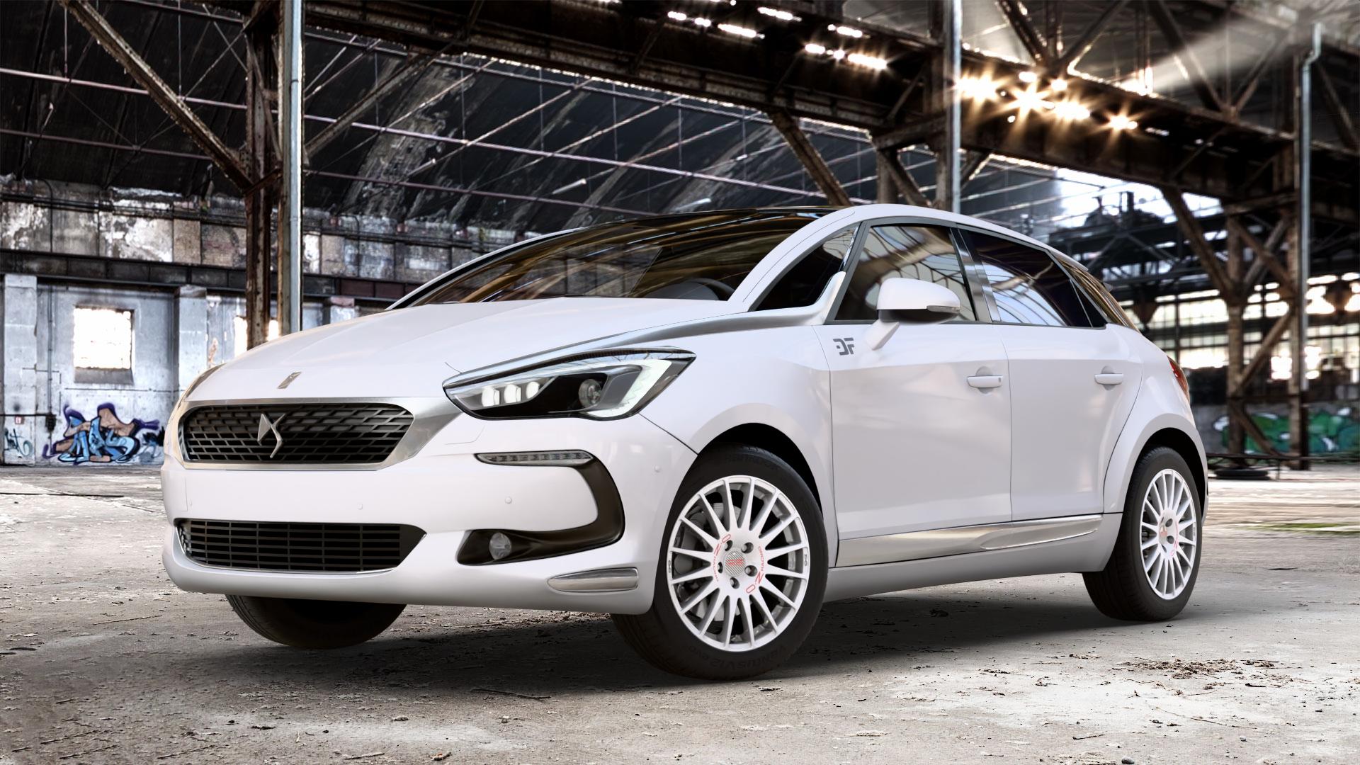 OZ RACING SUPERTURISMO WRC RACE WHITE + RED LETTERING Felge mit Reifen rot weiss weiß in 17Zoll Winterfelge Alufelge auf weissem DS Automobiles DS5 Typ K Facelift ⬇️ mit 15mm Tieferlegung ⬇️ Old Industrial Hall_max_4400mm_2024 Frontansicht_1