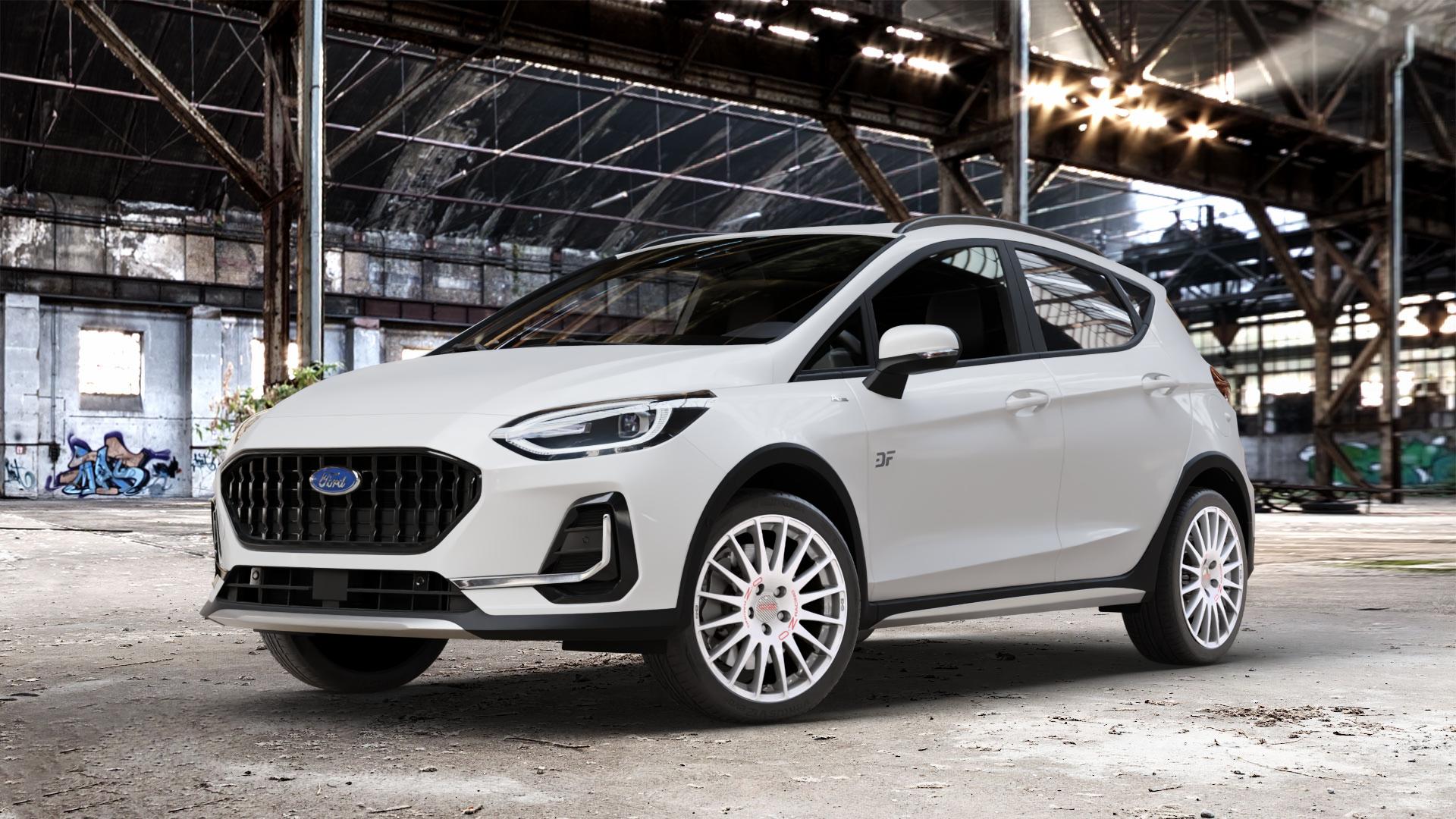 OZ RACING SUPERTURISMO WRC RACE WHITE + RED LETTERING Felge mit Reifen rot weiss weiß in 17Zoll Winterfelge Alufelge auf weissem Ford Fiesta VII Typ JHH Active Facelift ⬇️ mit 15mm Tieferlegung ⬇️ Old Industrial Hall_max_4400mm_2024 Frontansicht_1