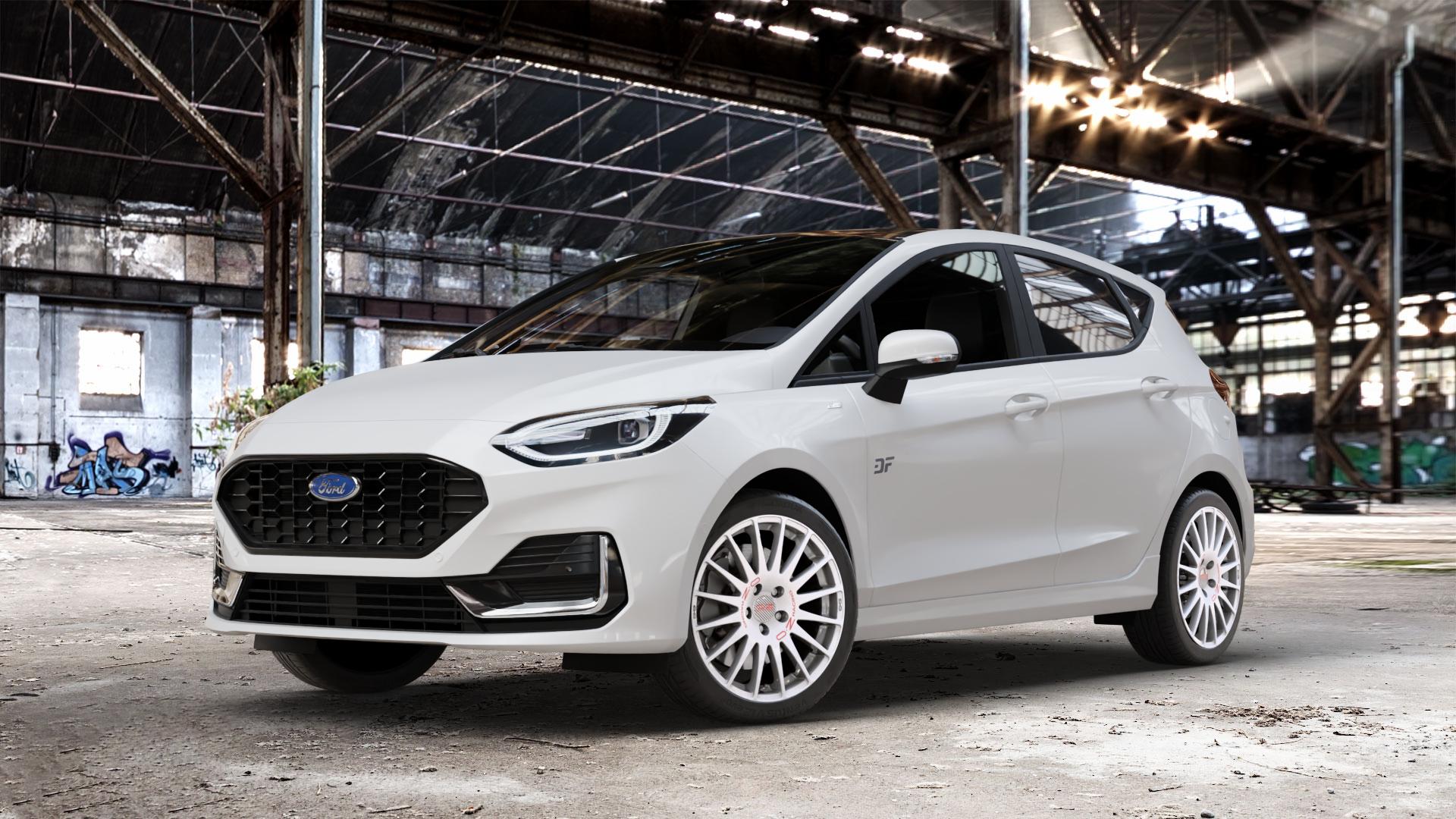 OZ RACING SUPERTURISMO WRC RACE WHITE + RED LETTERING Felge mit Reifen rot weiss weiß in 17Zoll Winterfelge Alufelge auf weissem Ford Fiesta VII Typ JHH Facelift 1,0l EcoBoost 74kW (101 PS) 92kW (125 Mild-Hybrid 114kW (155 1,1l 55kW (75 ⬇️ mit 15mm Tieferlegung ⬇️ Old Industrial Hall_max_4400mm_2024 Frontansicht_1