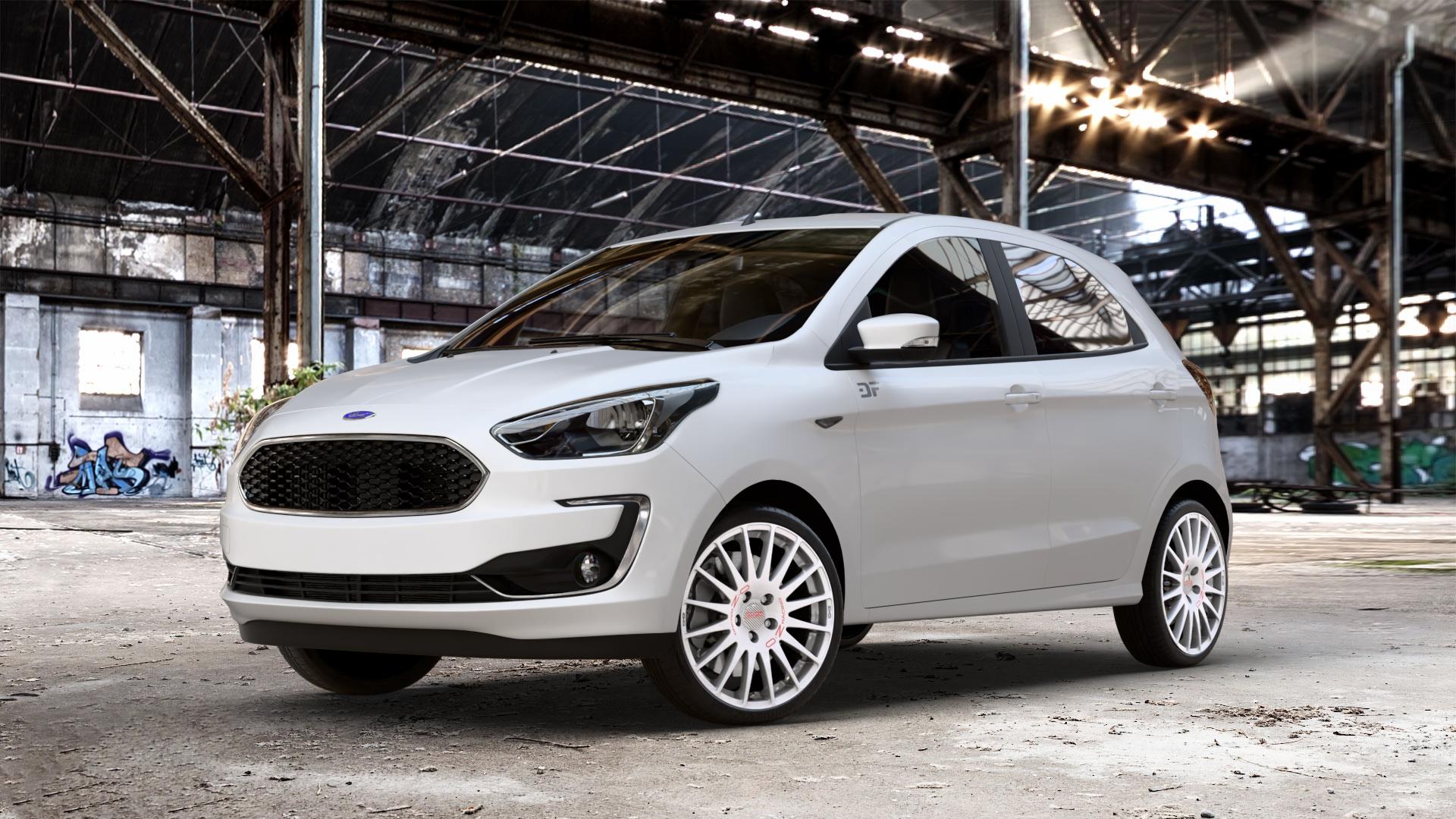 OZ RACING SUPERTURISMO WRC RACE WHITE + RED LETTERING Felge mit Reifen rot weiss weiß in 17Zoll Winterfelge Alufelge auf weissem Ford KA+ Typ KAF ACTIVE Facelift KA ⬇️ mit 15mm Tieferlegung ⬇️ Old Industrial Hall_max_4400mm_2024 Frontansicht_1