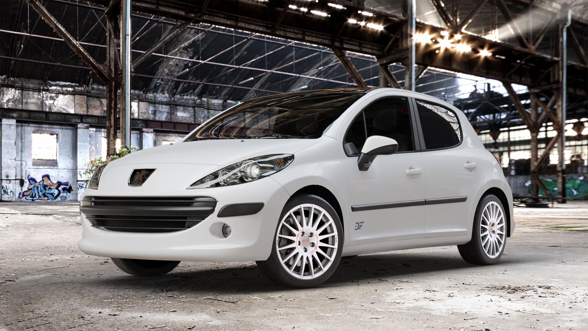 OZ RACING SUPERTURISMO WRC RACE WHITE + RED LETTERING Felge mit Reifen rot weiss weiß in 17Zoll Winterfelge Alufelge auf weissem Peugeot 207 SW Facelift ⬇️ mit 15mm Tieferlegung ⬇️ Old Industrial Hall_max_4400mm_2024 Frontansicht_1