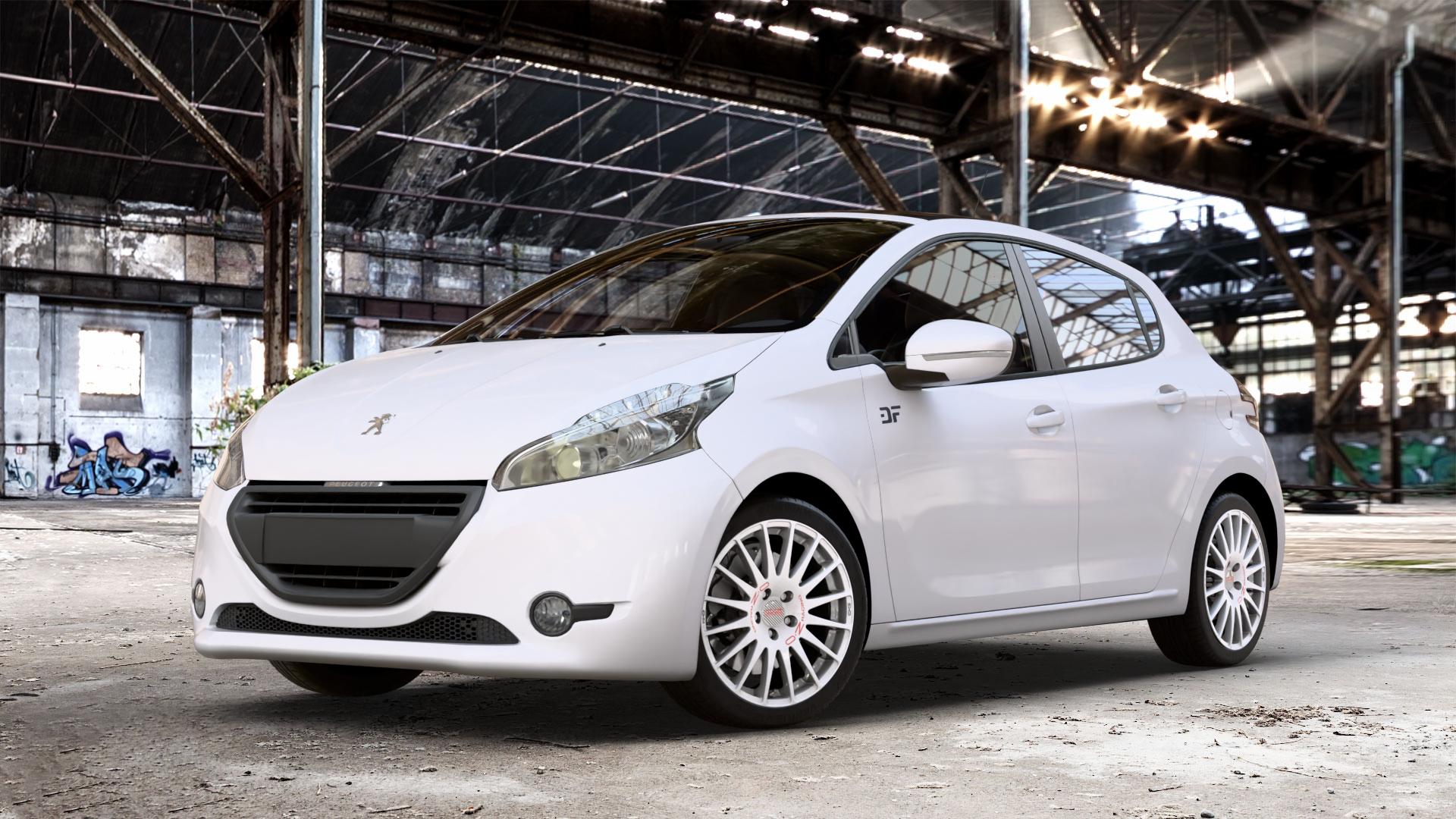 OZ RACING SUPERTURISMO WRC RACE WHITE + RED LETTERING Felge mit Reifen rot weiss weiß in 17Zoll Winterfelge Alufelge auf weissem Peugeot 208 Typ C ⬇️ mit 15mm Tieferlegung ⬇️ Old Industrial Hall_max_4400mm_2024 Frontansicht_1