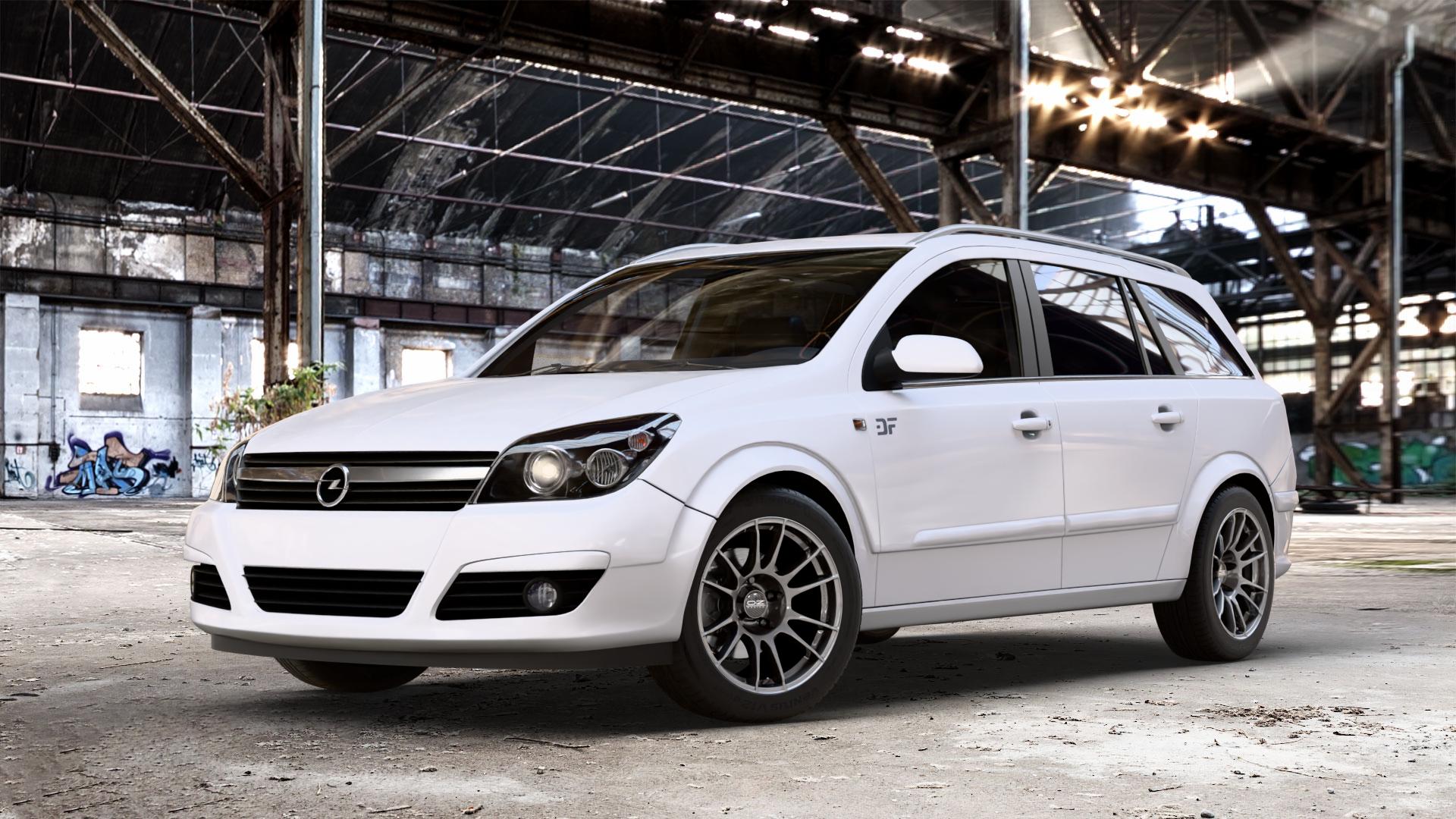 OZ RACING ULTRALEGGERA CRYSTAL TITANIUM Felge mit Reifen grau silber/grau in 16Zoll Winterfelge Alufelge auf weissem Opel Astra H Typ A-H Caravan A-H/SW ⬇️ mit 15mm Tieferlegung ⬇️ Old Industrial Hall_max_4400mm_2024 Frontansicht_1