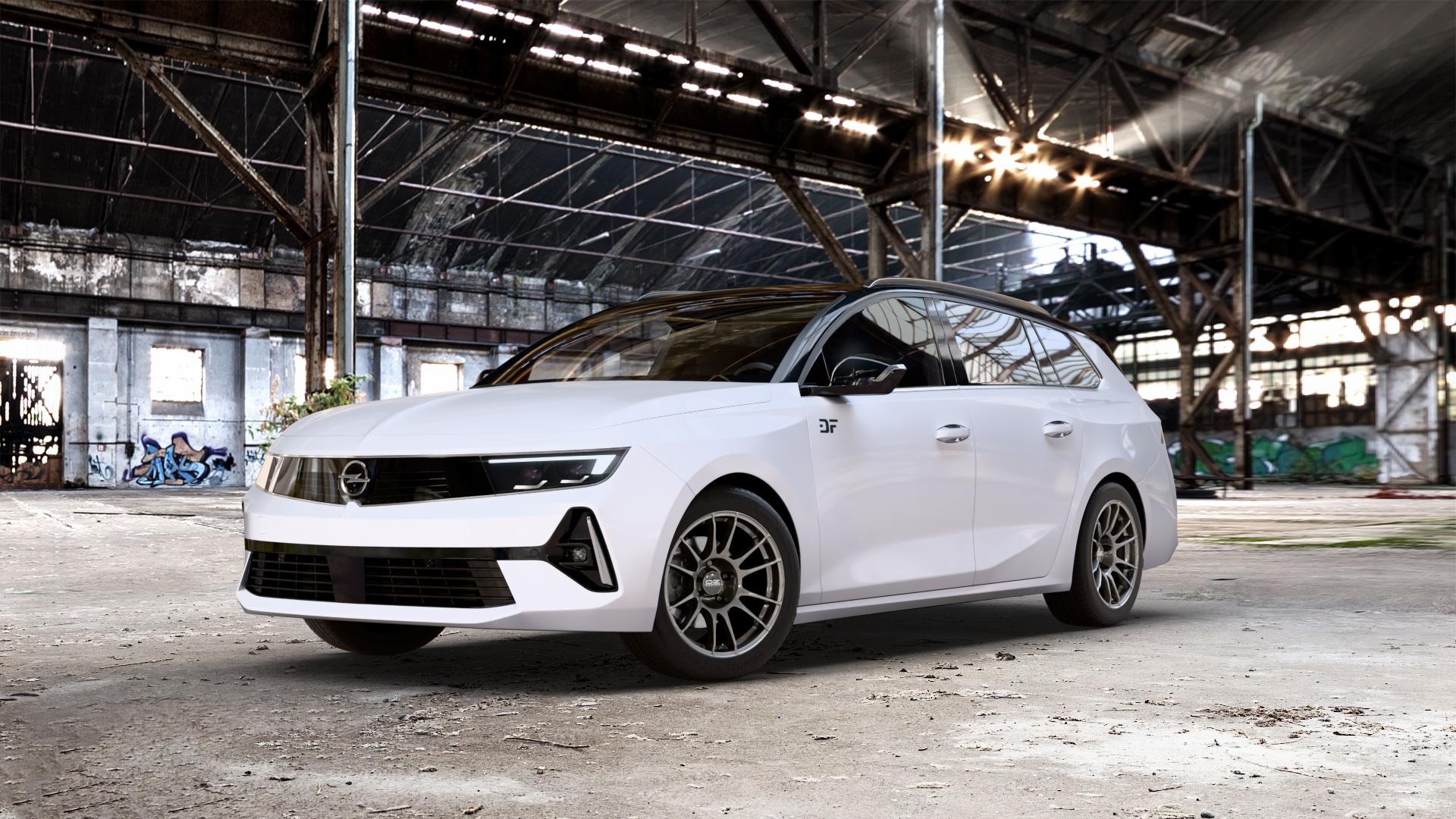 OZ RACING ULTRALEGGERA CRYSTAL TITANIUM Felge mit Reifen grau silber/grau in 16Zoll Winterfelge Alufelge auf weissem Opel Astra L Sports Tourer Typ F Facelift ⬇️ mit 15mm Tieferlegung ⬇️ Old Industrial Hall_max_5300mm_2024 Frontansicht_1