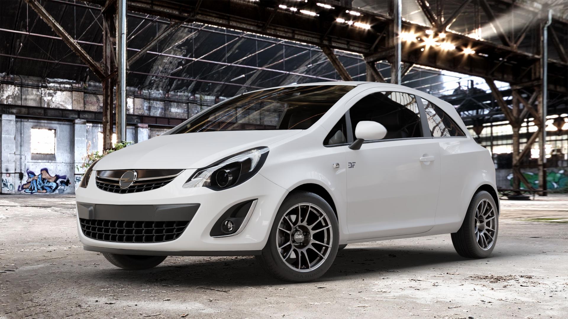 OZ RACING ULTRALEGGERA CRYSTAL TITANIUM Felge mit Reifen grau silber/grau in 16Zoll Winterfelge Alufelge auf weissem Opel Corsa D Typ S-D Facelift ⬇️ mit 15mm Tieferlegung ⬇️ Old Industrial Hall_max_4400mm_2024 Frontansicht_1