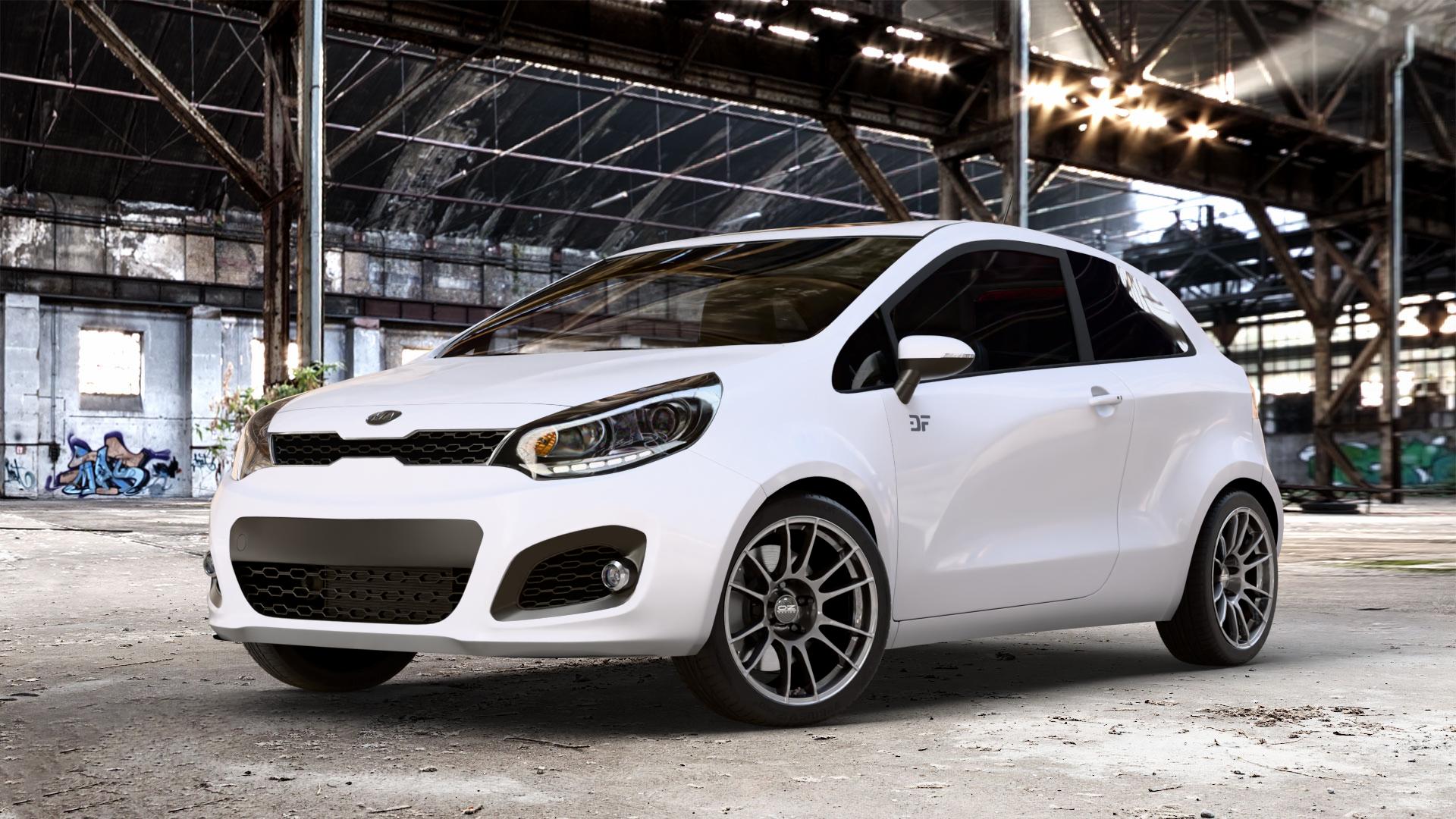 OZ RACING ULTRALEGGERA CRYSTAL TITANIUM Felge mit Reifen grau silber/grau in 17Zoll Winterfelge Alufelge auf weissem Kia Rio III Typ UB ⬇️ mit 15mm Tieferlegung ⬇️ Old Industrial Hall_max_4400mm_2024 Frontansicht_1