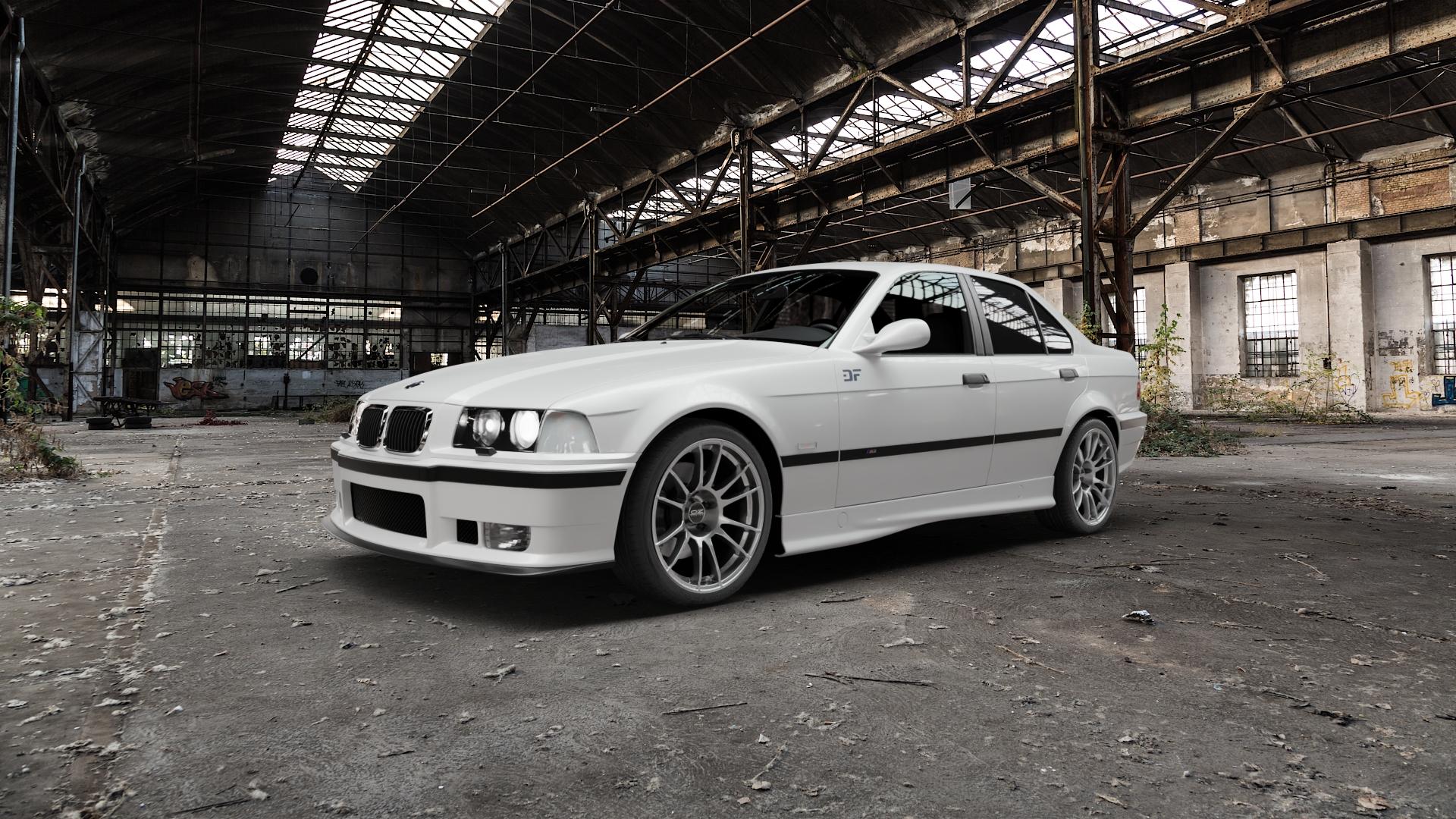 OZ RACING ULTRALEGGERA CRYSTAL TITANIUM Felge mit Reifen grau silber/grau in 18Zoll Winterfelge Alufelge auf weissem BMW M3 Typ E36 (Limousine) ⬇️ mit 15mm Tieferlegung ⬇️ Old Industrial Hall_max5000mm_2022 Frontansicht_1