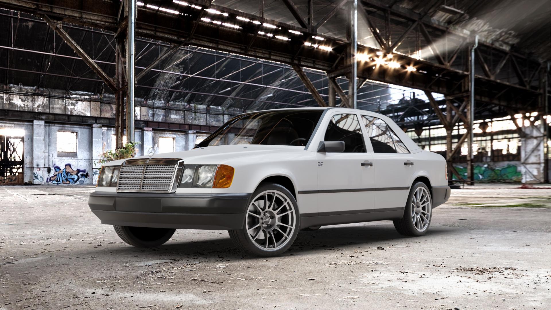 OZ RACING ULTRALEGGERA CRYSTAL TITANIUM Felge mit Reifen grau silber/grau in 18Zoll Winterfelge Alufelge auf weissem Mercedes E-Klasse Typ W124 Limousine ⬇️ mit 15mm Tieferlegung ⬇️ Old Industrial Hall_max_5300mm_2024 Frontansicht_1