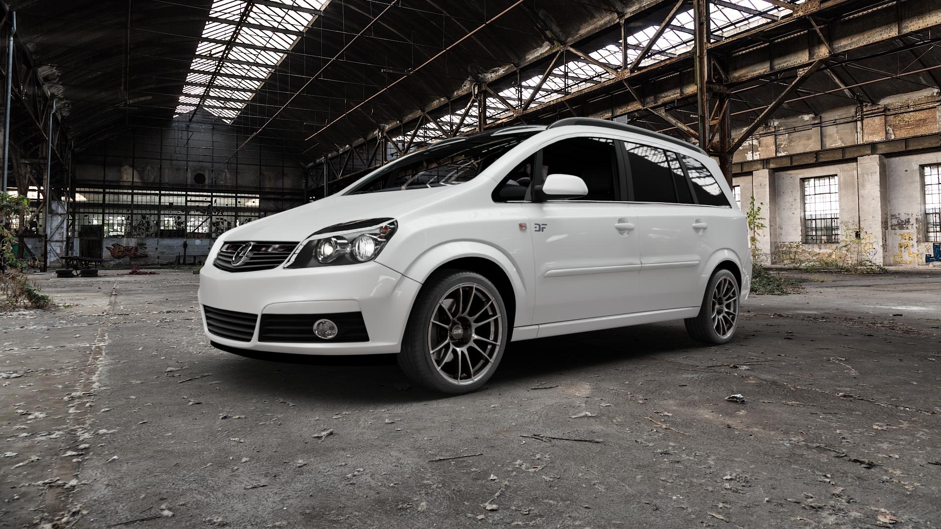 OZ RACING ULTRALEGGERA CRYSTAL TITANIUM Felge mit Reifen grau silber/grau in 18Zoll Winterfelge Alufelge auf weissem Opel Zafira B ⬇️ mit 15mm Tieferlegung ⬇️ Old Industrial Hall_max5000mm_2022 Frontansicht_1