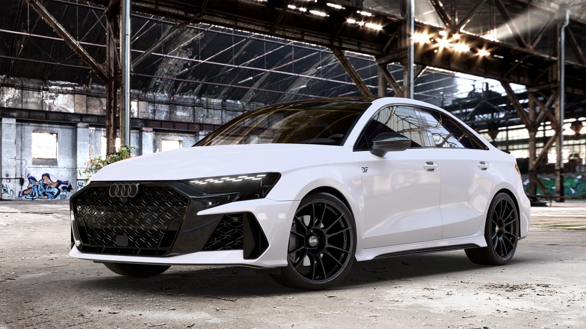 OZ RACING ULTRALEGGERA HLT MATT BLACK Felge mit Reifen schwarz schwarz matt in 19Zoll Winterfelge Alufelge auf weissem Audi A3 Typ GY (Limousine) Facelift 2,5l TFSI quattro 294kW RS3 (400 PS) 299kW (407 ⬇️ mit 15mm Tieferlegung ⬇️ Old Industrial Hall_max_4400mm_2024 Frontansicht_1