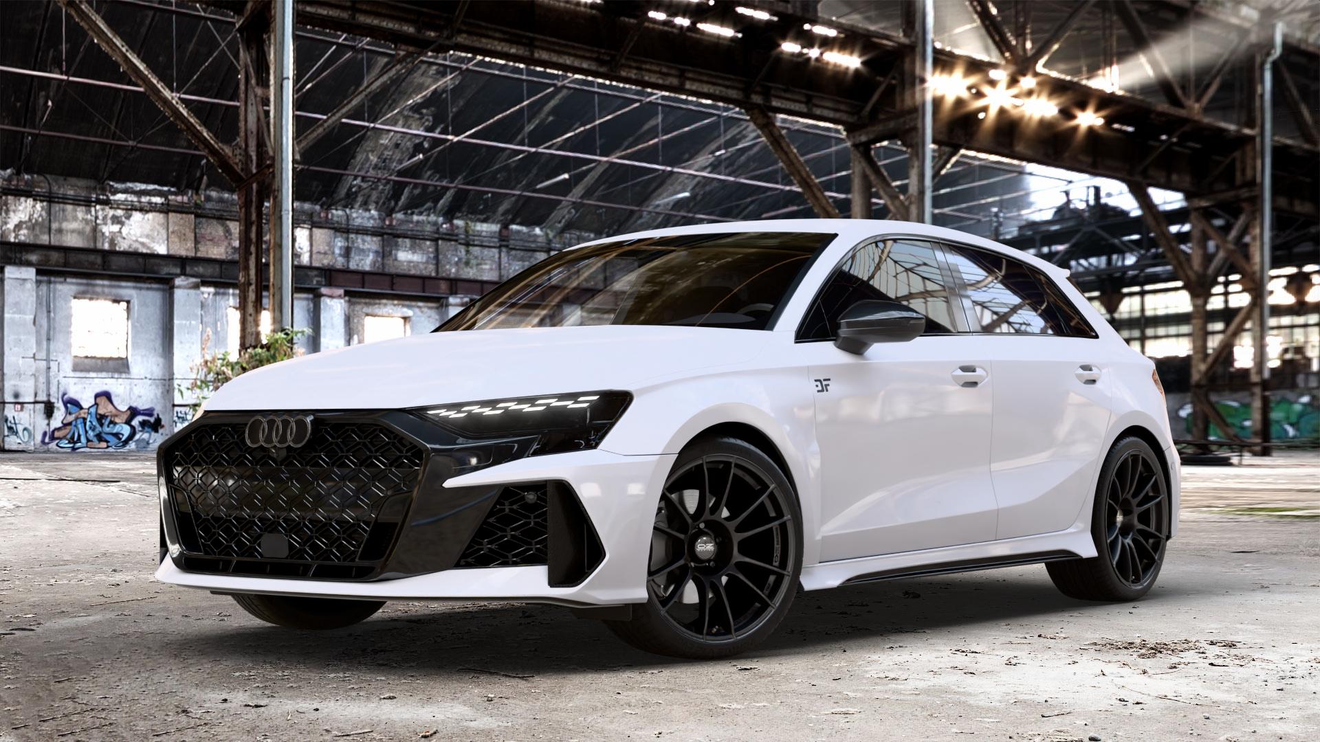 OZ RACING ULTRALEGGERA HLT MATT BLACK Felge mit Reifen schwarz schwarz matt in 19Zoll Winterfelge Alufelge auf weissem Audi A3 Typ GY (Sportback) Facelift 2,5l TFSI quattro 294kW RS3 (400 PS) 299kW (407 ⬇️ mit 15mm Tieferlegung ⬇️ Old Industrial Hall_max_4400mm_2024 Frontansicht_1