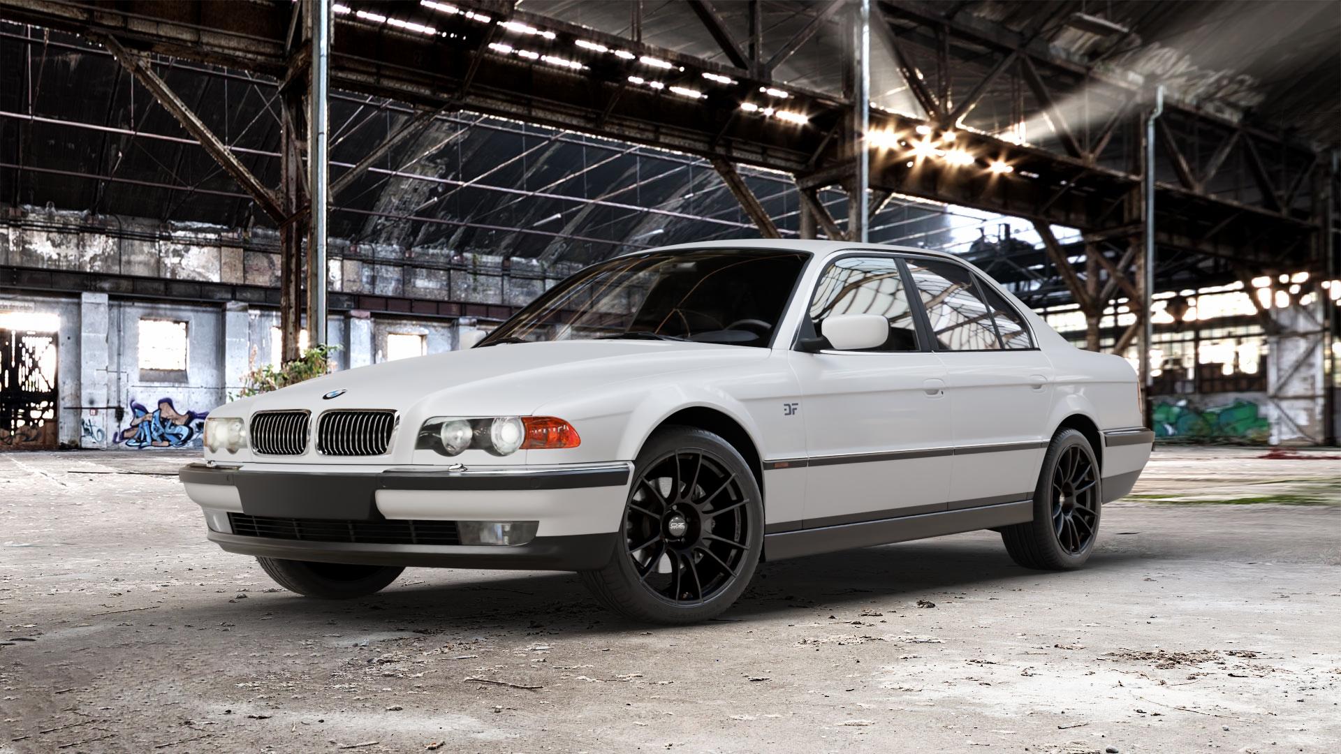 OZ RACING ULTRALEGGERA HLT MATT BLACK Felge mit Reifen schwarz schwarz matt in 19Zoll Winterfelge Alufelge auf weissem BMW 7er E38 Limousine (7/G, 7/GK) ⬇️ mit 15mm Tieferlegung ⬇️ Old Industrial Hall_max_5300mm_2024 Frontansicht_1