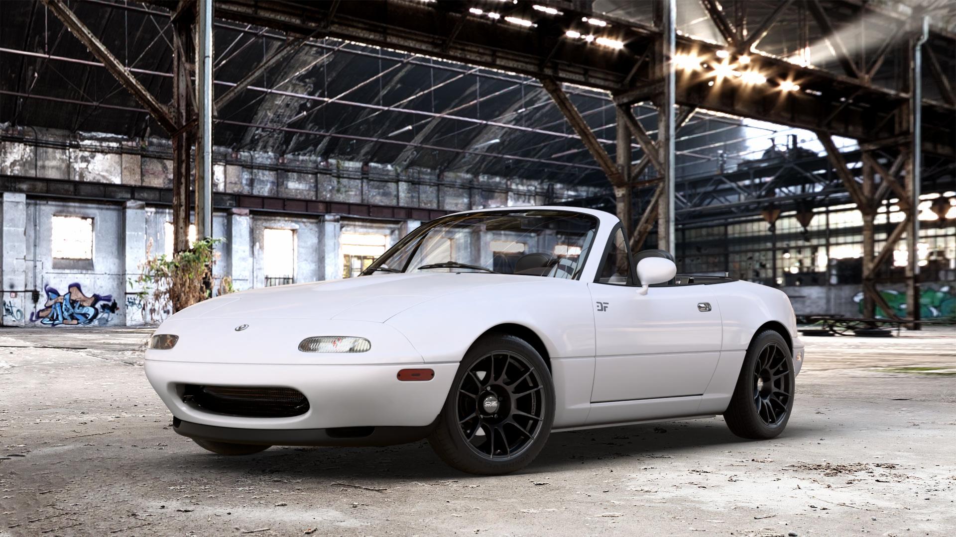 OZ RACING ULTRALEGGERA MATT BLACK Felge mit Reifen schwarz schwarz matt in 15Zoll Winterfelge Alufelge auf weissem Mazda MX-5 I (NA) ⬇️ mit 15mm Tieferlegung ⬇️ Old Industrial Hall_max_4400mm_2024 Frontansicht_1