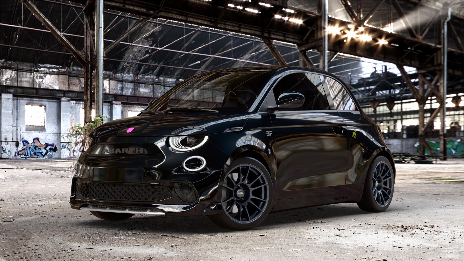OZ RACING ULTRALEGGERA MATT BLACK Felge mit Reifen schwarz schwarz matt in 17Zoll Winterfelge Alufelge auf schwarzem Fiat 500e Abarth Typ FA1 ⬇️ mit 15mm Tieferlegung ⬇️ Old Industrial Hall_max_4400mm_2024 Frontansicht_1