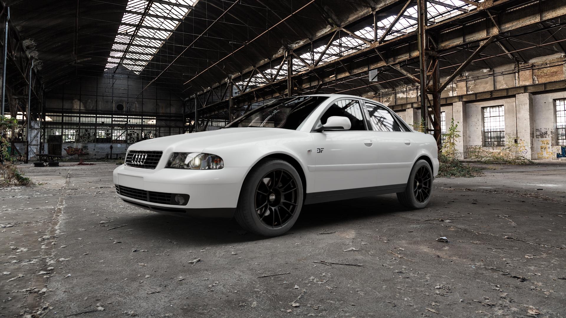 OZ RACING ULTRALEGGERA MATT BLACK Felge mit Reifen schwarz schwarz matt in 18Zoll Winterfelge Alufelge auf weissem Audi A4 Typ 8D2/B5 (Limousine) ⬇️ mit 15mm Tieferlegung ⬇️ Old Industrial Hall_max5000mm_2022 Frontansicht_1