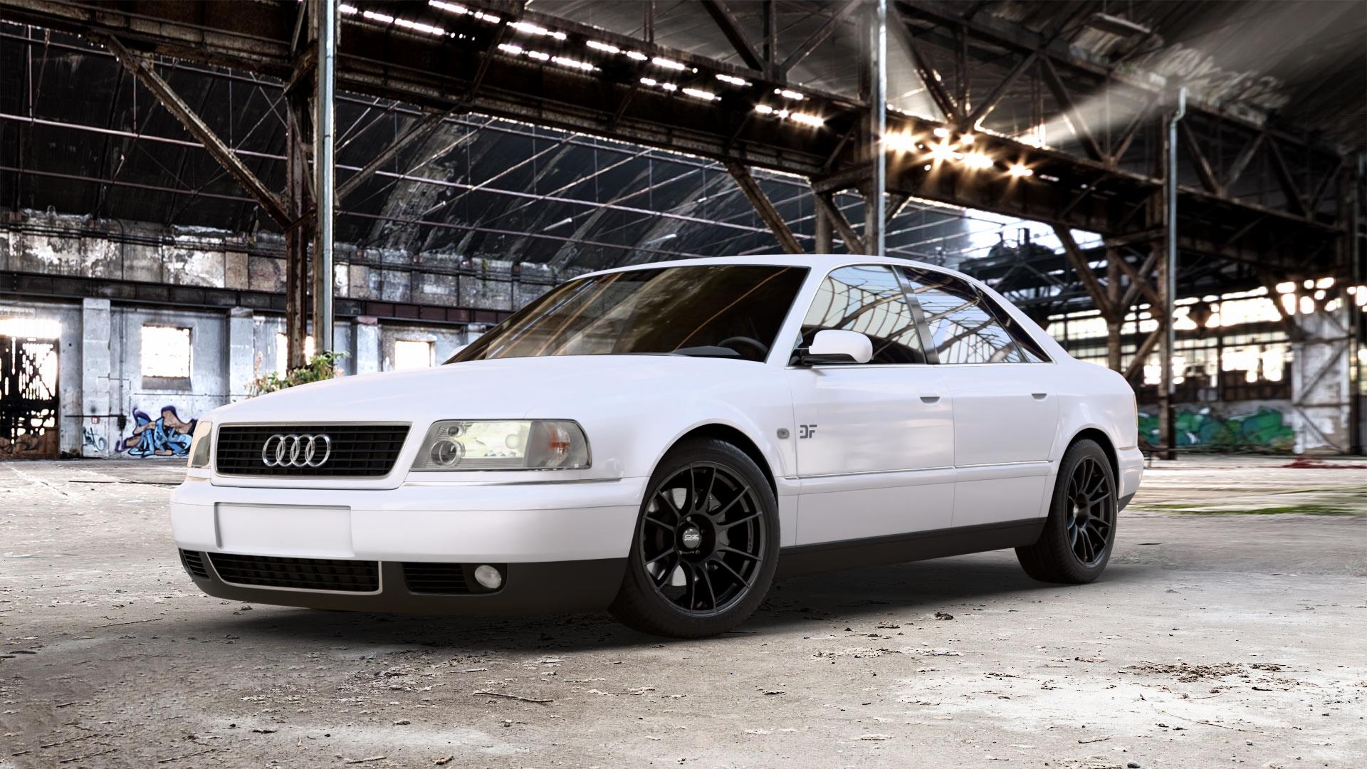 OZ RACING ULTRALEGGERA MATT BLACK Felge mit Reifen schwarz schwarz matt in 18Zoll Winterfelge Alufelge auf weissem Audi A8 Typ D2/4D 2,8l 128kW (174 PS) 142kW (193 2,5l TDI 110kW (150 132kW (179 quattro ⬇️ mit 15mm Tieferlegung ⬇️ Old Industrial Hall_max_5300mm_2024 Frontansicht_1