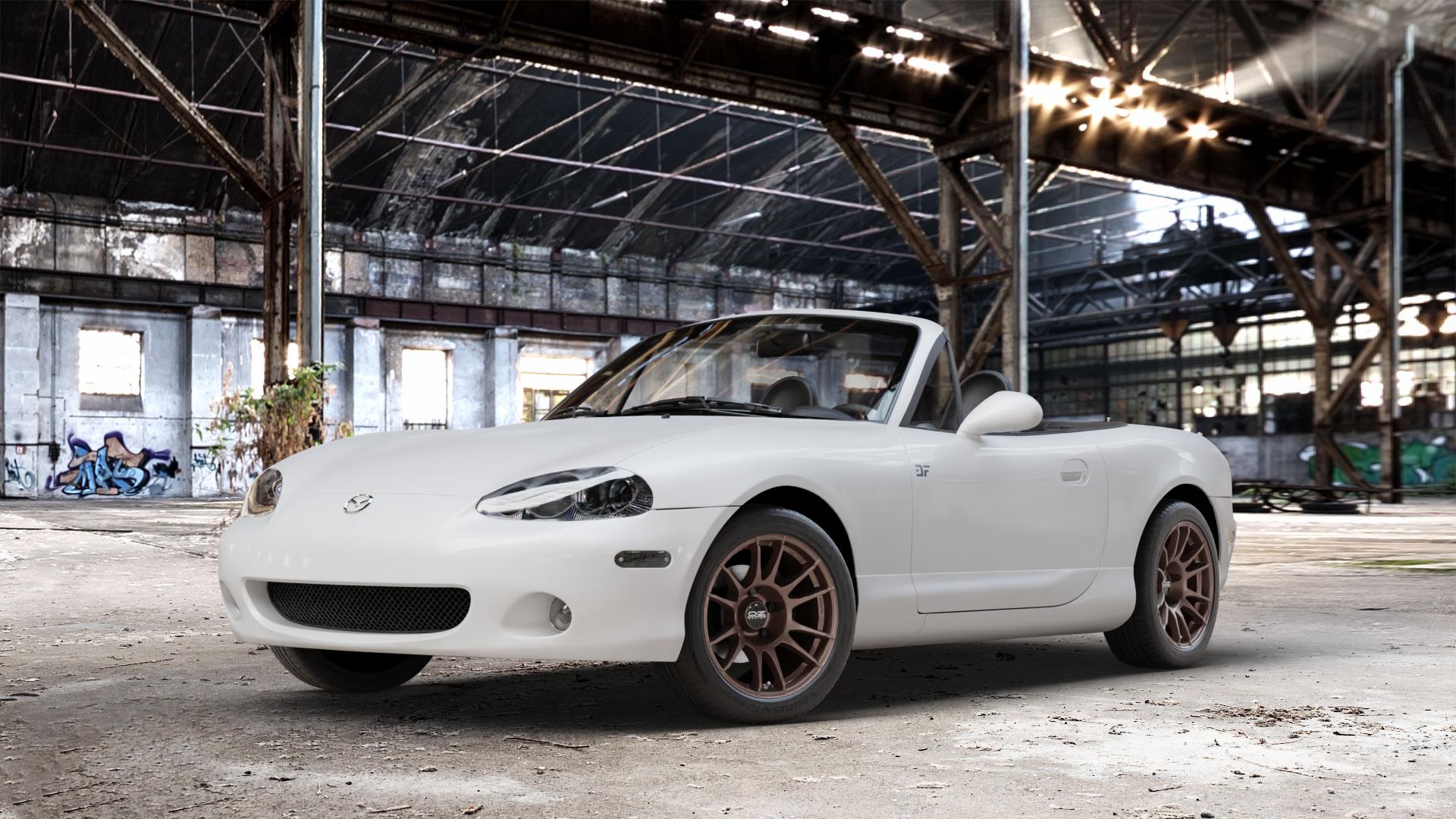 OZ RACING ULTRALEGGERA MATT BRONZE Felge mit Reifen in 15Zoll Winterfelge Alufelge auf weissem Mazda MX-5 II (NB) ⬇️ mit 15mm Tieferlegung ⬇️ Old Industrial Hall_max_4400mm_2024 Frontansicht_1