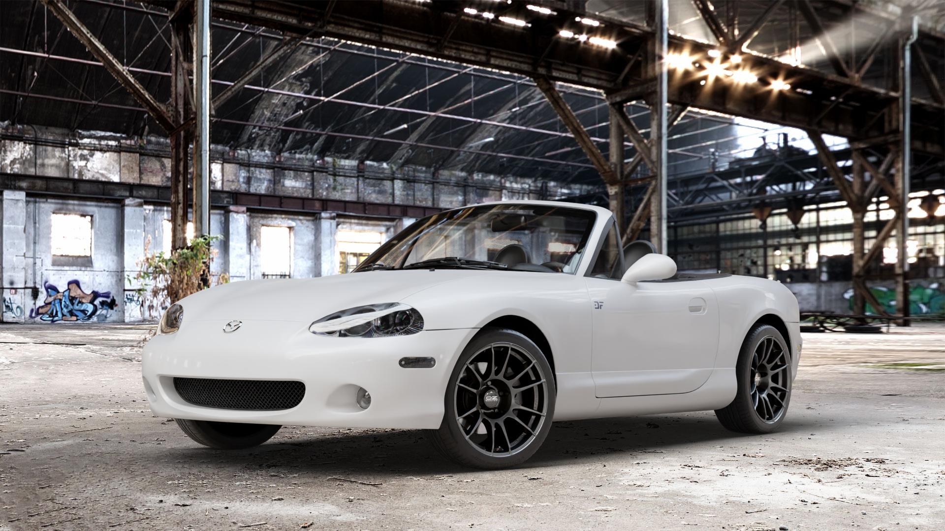 OZ RACING ULTRALEGGERA MATT GRAPHITE Felge mit Reifen grau anthrazit grau/silber in 16Zoll Winterfelge Alufelge auf weissem Mazda MX-5 II (NB) ⬇️ mit 15mm Tieferlegung ⬇️ Old Industrial Hall_max_4400mm_2024 Frontansicht_1