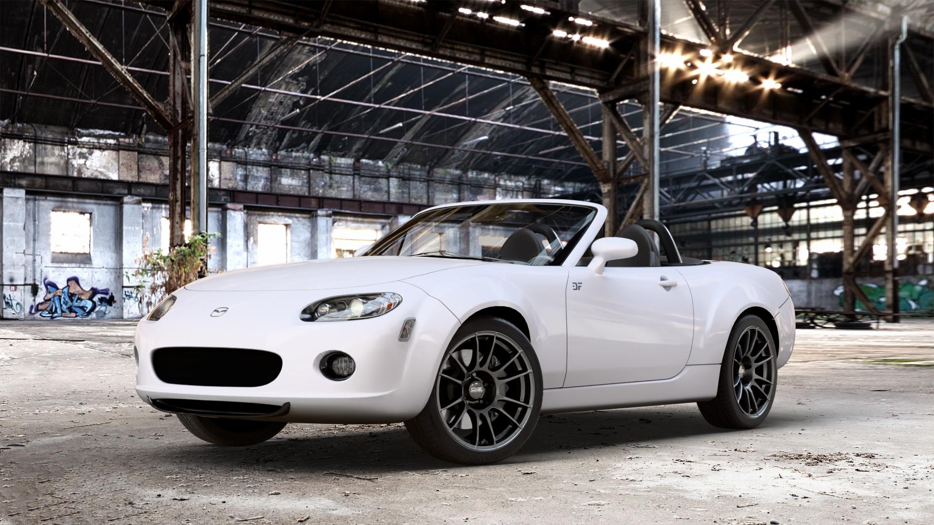 OZ RACING ULTRALEGGERA MATT GRAPHITE Felge mit Reifen grau anthrazit grau/silber in 17Zoll Winterfelge Alufelge auf weissem Mazda MX-5 III (NC) ⬇️ mit 15mm Tieferlegung ⬇️ Old Industrial Hall_max_4400mm_2024 Frontansicht_1