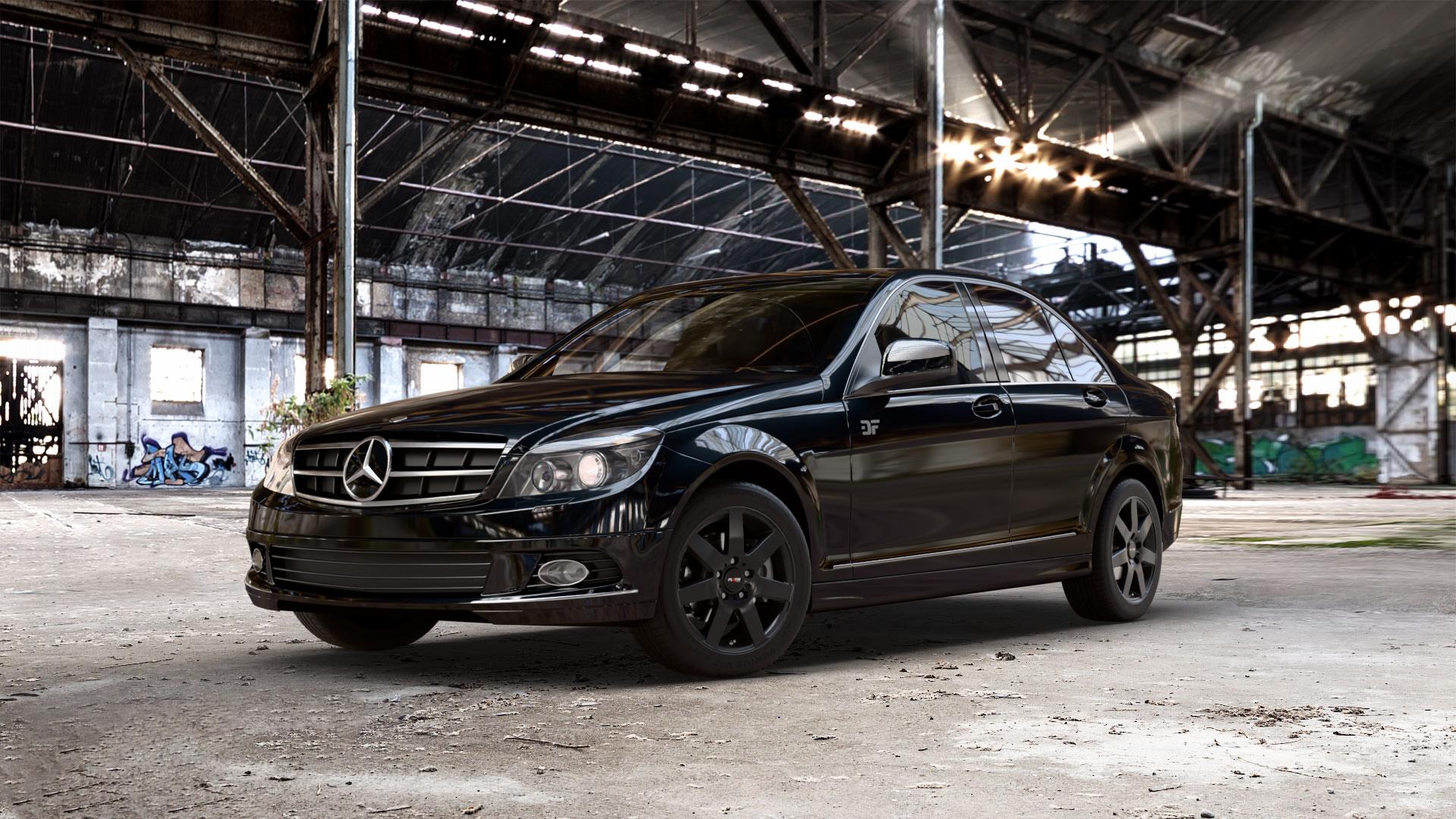 Platin Wheels P 04 matt black Felge mit Reifen schwarz schwarz matt in 16Zoll Winterfelge Alufelge auf schwarzem metallic Mercedes C-Klasse Typ W204 Limousine ⬇️ mit 15mm Tieferlegung ⬇️ Old Industrial Hall_max_5300mm_2024 Frontansicht_1