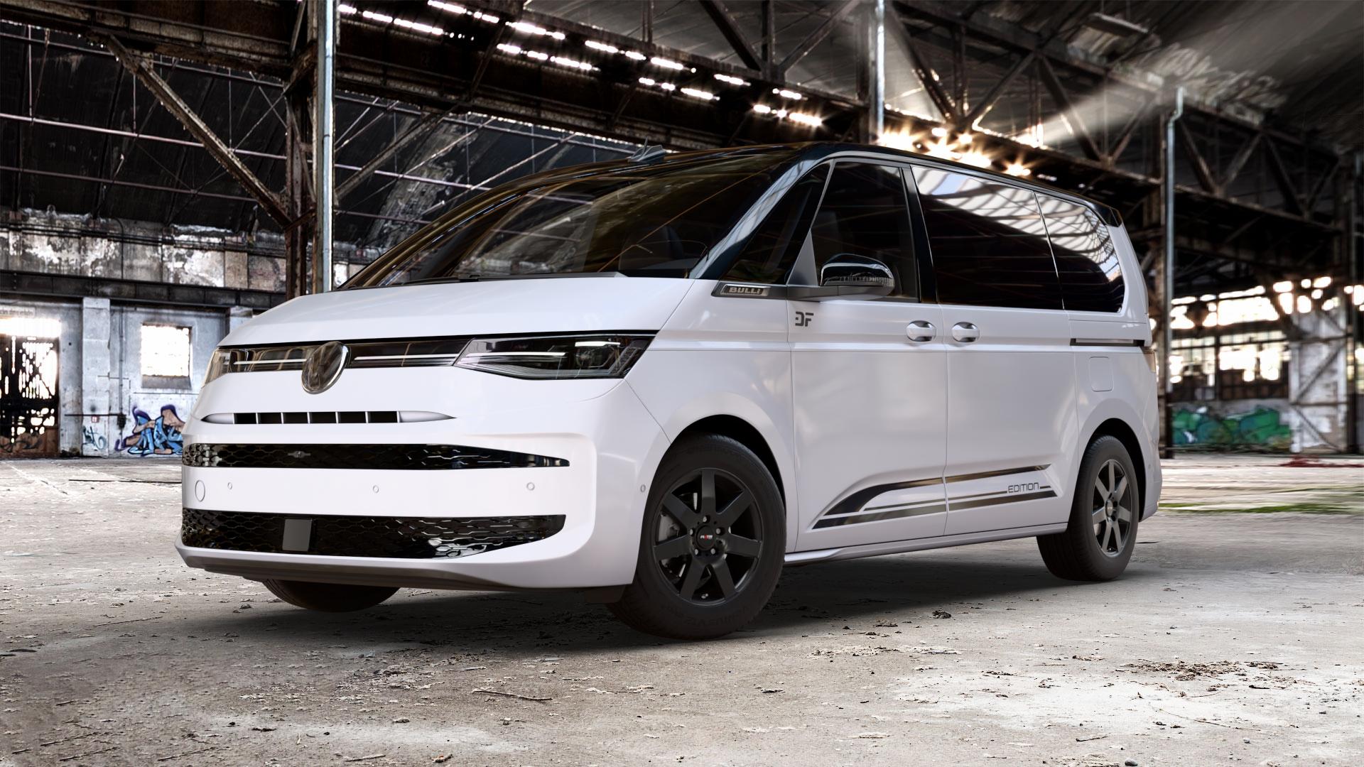 Platin Wheels P 04 matt black Felge mit Reifen schwarz schwarz matt in 16Zoll Winterfelge Alufelge auf weissem und schwarzem Volkswagen (VW) T7 Multivan Bus ⬇️ mit 15mm Tieferlegung ⬇️ Old Industrial Hall_max_5300mm_2024 Frontansicht_1