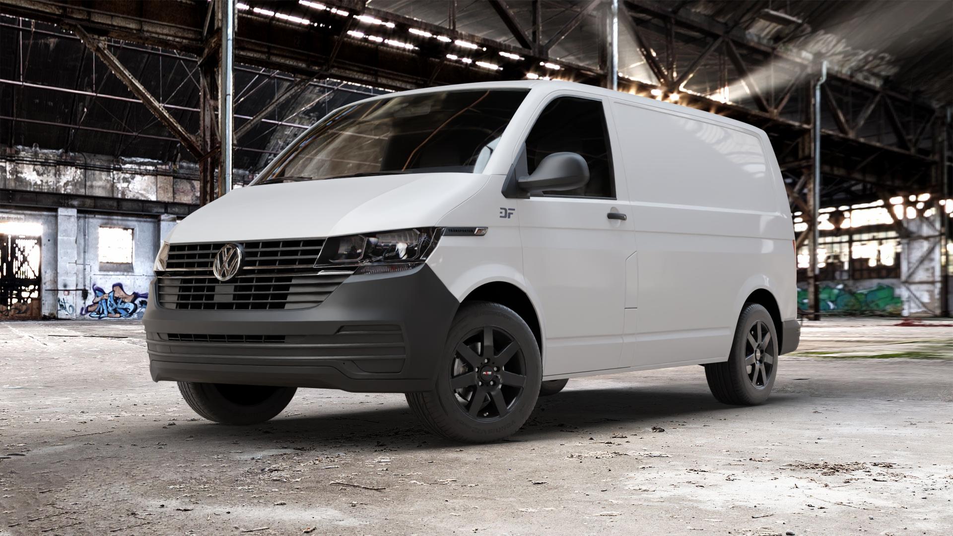 Platin Wheels P 04 matt black Felge mit Reifen schwarz schwarz matt in 16Zoll Winterfelge Alufelge auf weissem Volkswagen (VW) T6.1 Kastenwagen ⬇️ mit 15mm Tieferlegung ⬇️ Old Industrial Hall_max_5300mm_2024 Frontansicht_1