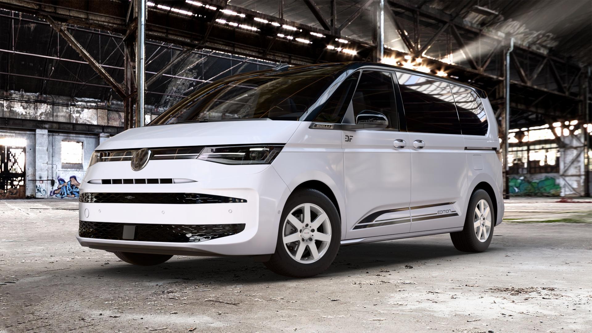Platin Wheels P 04 silber Felge mit Reifen in 16Zoll Winterfelge Alufelge auf weissem und schwarzem Volkswagen (VW) T7 Multivan Bus ⬇️ mit 15mm Tieferlegung ⬇️ Old Industrial Hall_max_5300mm_2024 Frontansicht_1