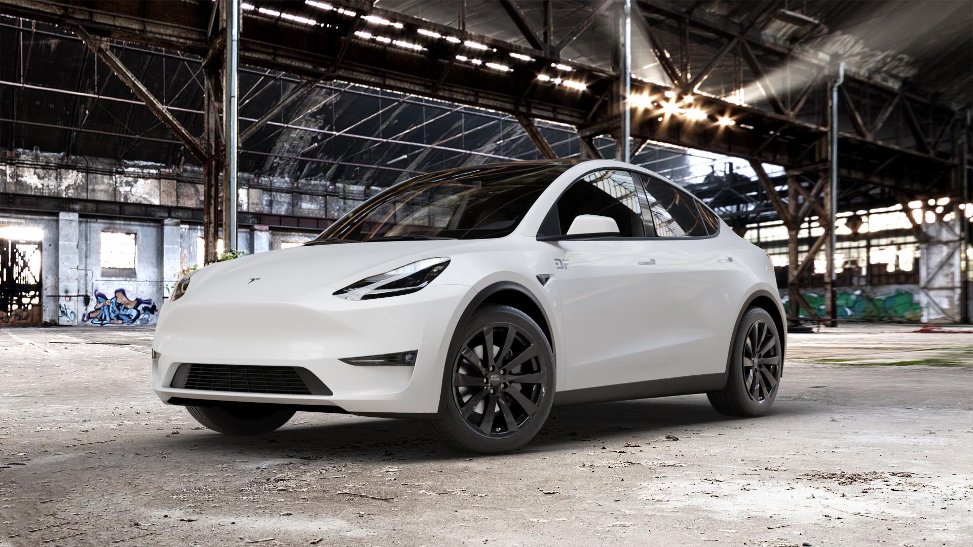 Platin Wheels P 106 diamant-schwarz Felge mit Reifen in 19Zoll Winterfelge Alufelge auf weissem Tesla Model Y Typ 003 003/005 ⬇️ mit 15mm Tieferlegung ⬇️ Old Industrial Hall_max_5300mm_2024 Frontansicht_1