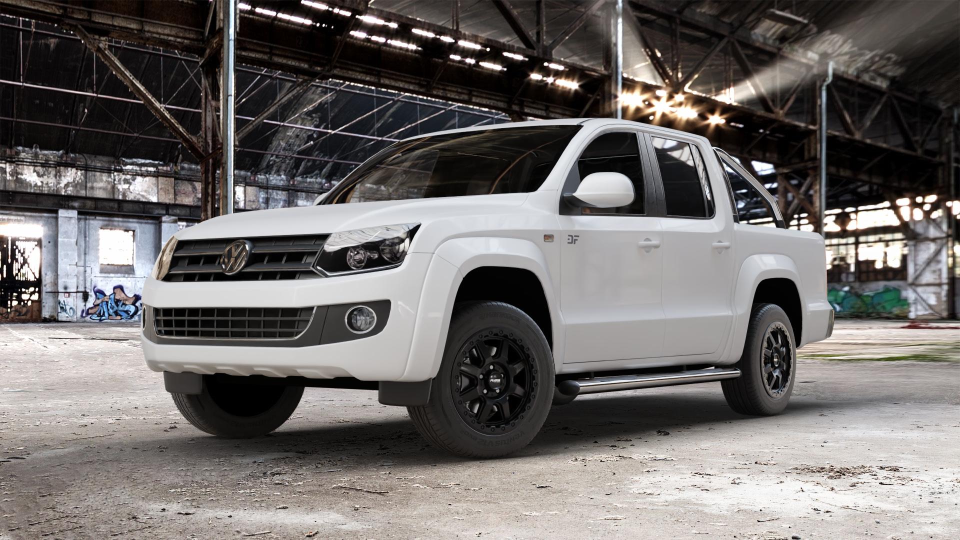Platin Wheels P 111 matt black Felge mit Reifen schwarz schwarz matt in 18Zoll Winterfelge Alufelge auf weissem Volkswagen (VW) Amarok I Typ 2H 2HS2 ⬇️ mit 15mm Tieferlegung ⬇️ Old Industrial Hall_max_5300mm_2024 Frontansicht_1