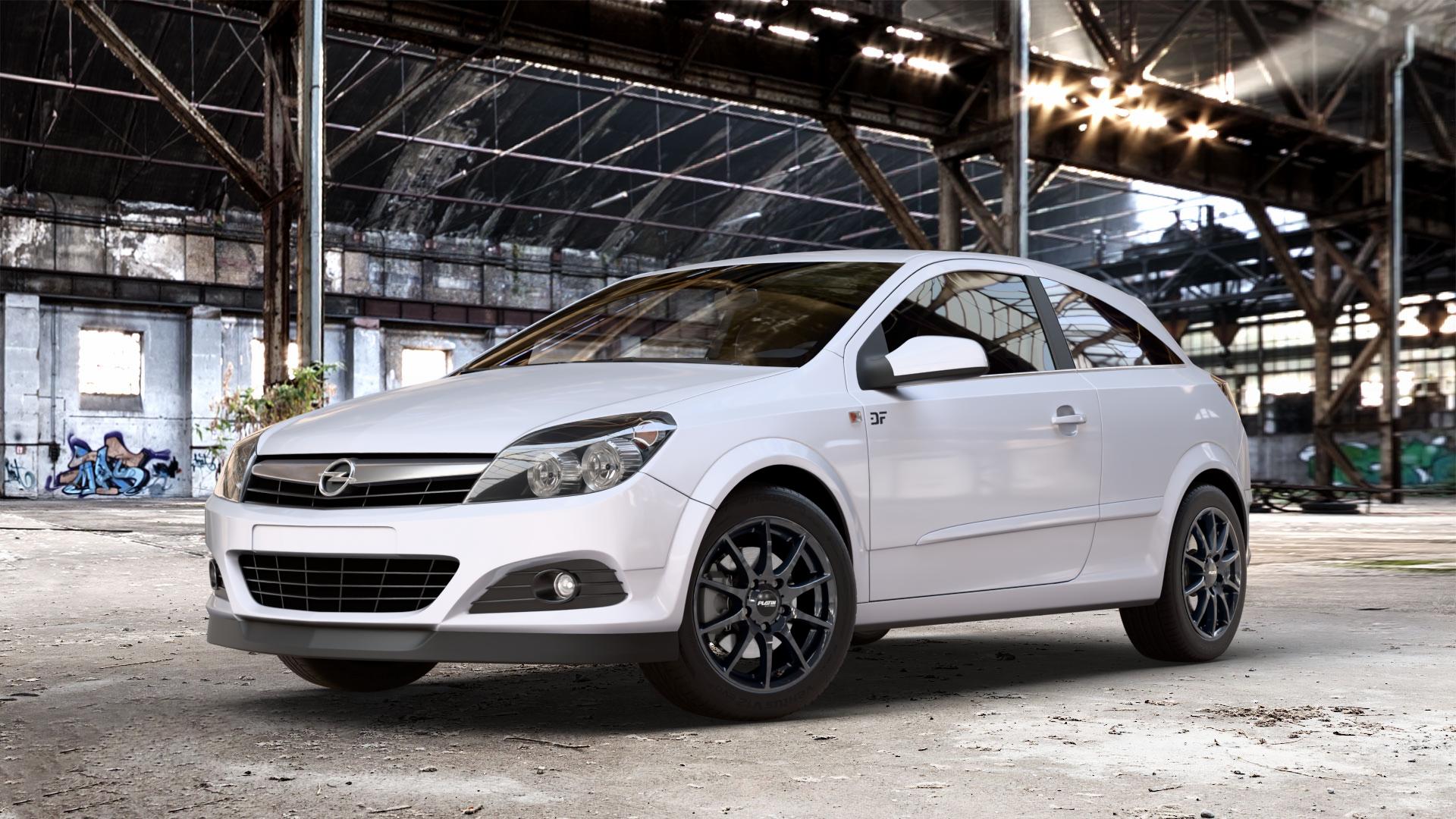Platin Wheels P 113 black painted Felge mit Reifen schwarz in 16Zoll Winterfelge Alufelge auf Weiss Uni Opel Astra H GTC Typ A-H/C ⬇️ mit 15mm Tieferlegung ⬇️ Old Industrial Hall_max_4400mm_2024 Frontansicht_1