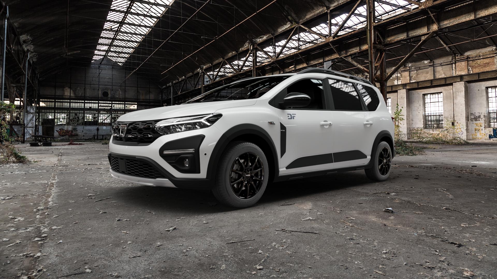 Platin Wheels P 113 black painted Felge mit Reifen schwarz in 16Zoll Winterfelge Alufelge auf weissem Dacia Jogger Typ DJF ⬇️ mit 15mm Tieferlegung ⬇️ Old Industrial Hall_max5000mm_2022 Frontansicht_1