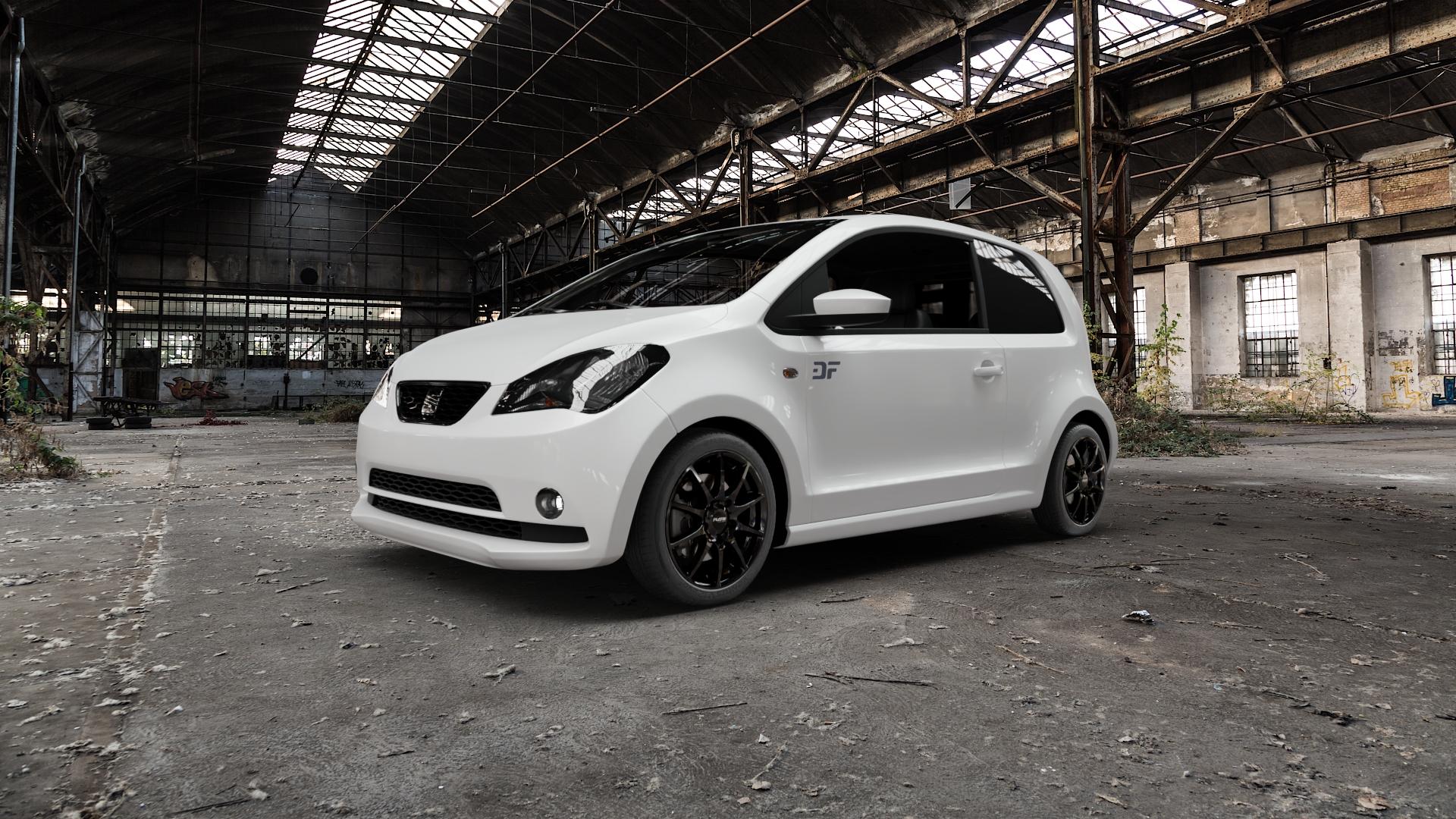 Platin Wheels P 113 black painted Felge mit Reifen schwarz in 16Zoll Winterfelge Alufelge auf weissem Seat Mii ⬇️ mit 15mm Tieferlegung ⬇️ Old Industrial Hall_max5000mm_2022 Frontansicht_1