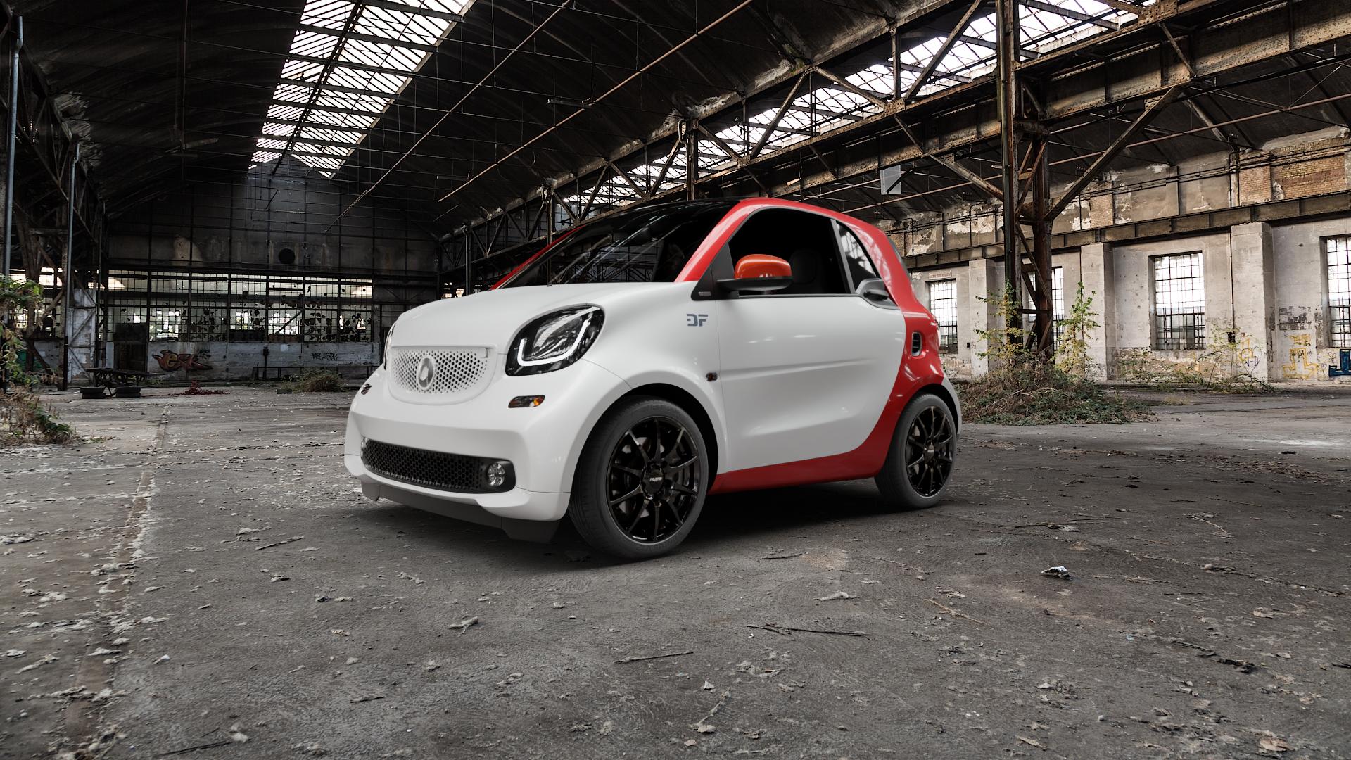 Platin Wheels P 113 black painted Felge mit Reifen schwarz in 16Zoll Winterfelge Alufelge auf weissem Smart Fortwo Coupe III (14-) (453) ⬇️ mit 15mm Tieferlegung ⬇️ Old Industrial Hall_max5000mm_2022 Frontansicht_1