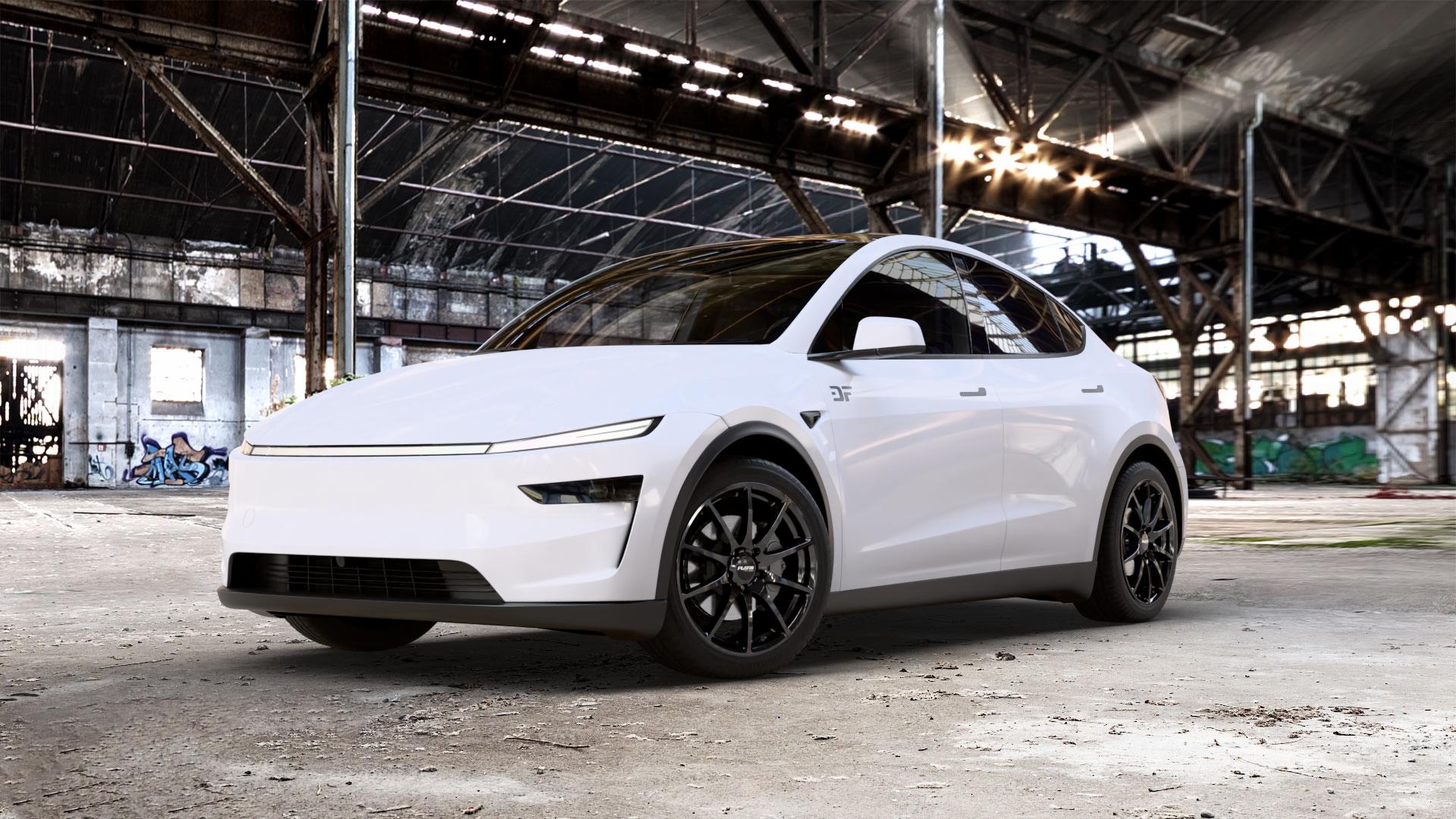 Platin Wheels P 113 black painted Felge mit Reifen schwarz in 19Zoll Winterfelge Alufelge auf weissem Tesla Model Y Typ 003 Facelift 003/005 ⬇️ mit 15mm Tieferlegung ⬇️ Old Industrial Hall_max_5300mm_2024 Frontansicht_1
