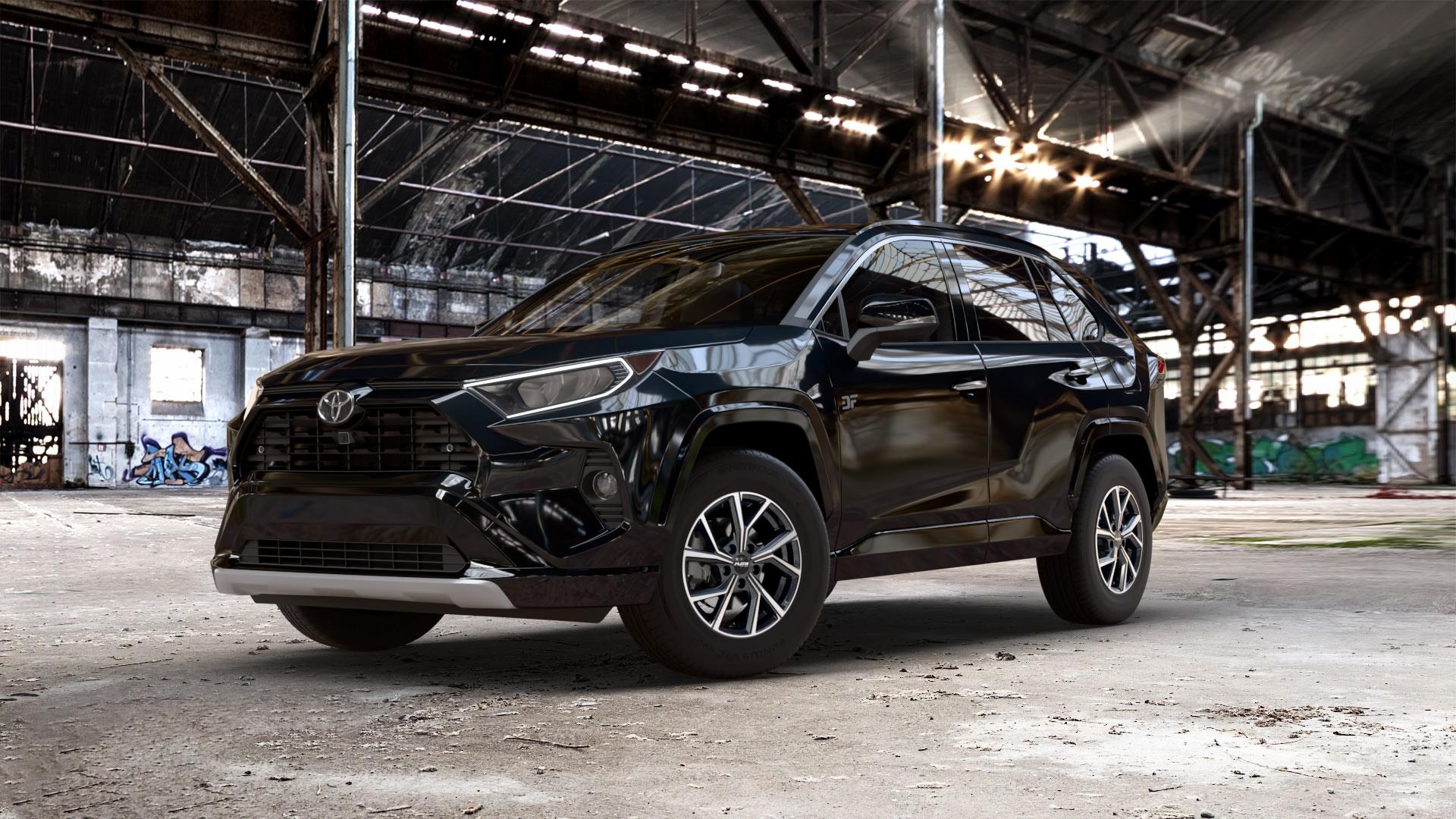 Platin Wheels P 115 black polished Felge mit Reifen silber schwarz in 16Zoll Alufelge auf metallic schwarzem Toyota RAV 4 V Typ XA5(EU,M) Rav ⬇️ mit 15mm Tieferlegung ⬇️ Old Industrial Hall_max_5300mm_2024 Frontansicht_1