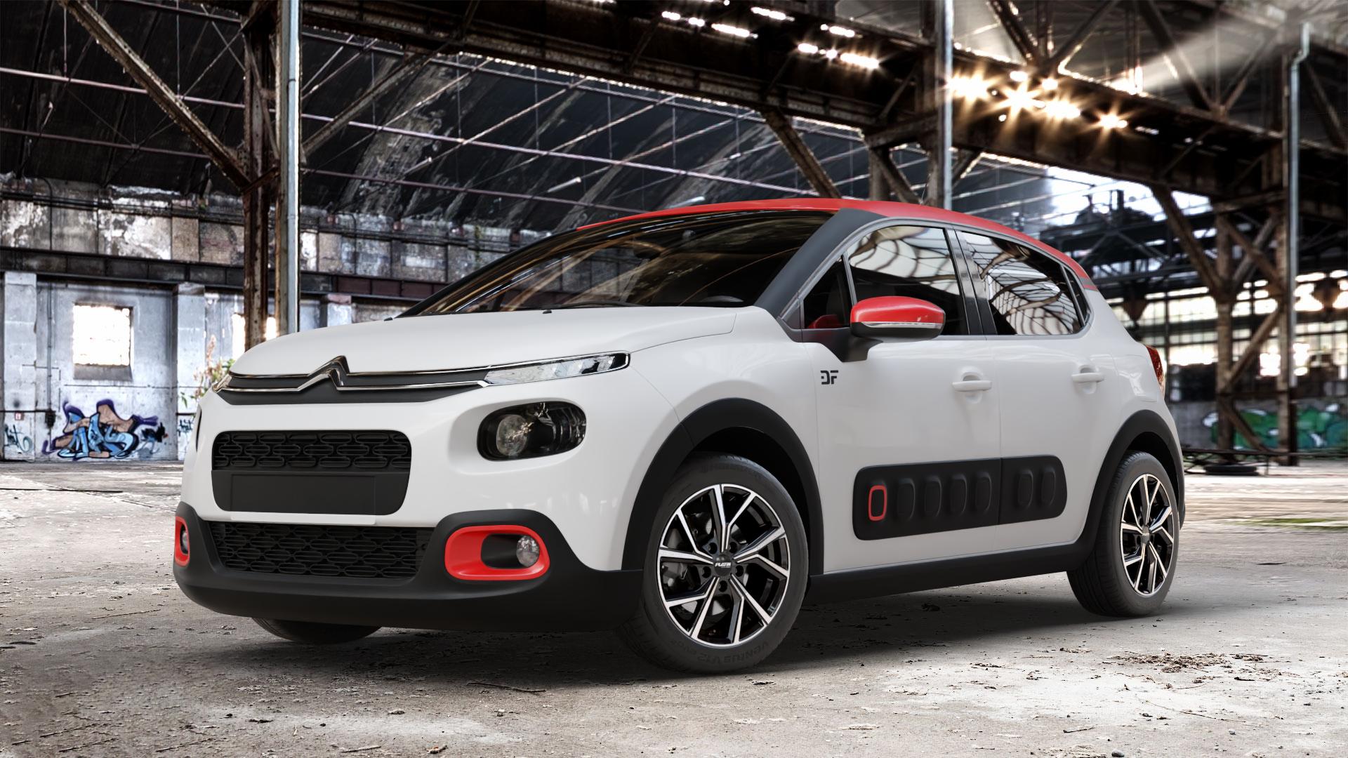 Platin Wheels P 115 black polished Felge mit Reifen silber schwarz in 16Zoll Alufelge auf weissem Citroen C3 III ⬇️ mit 15mm Tieferlegung ⬇️ Old Industrial Hall_max_4400mm_2024 Frontansicht_1