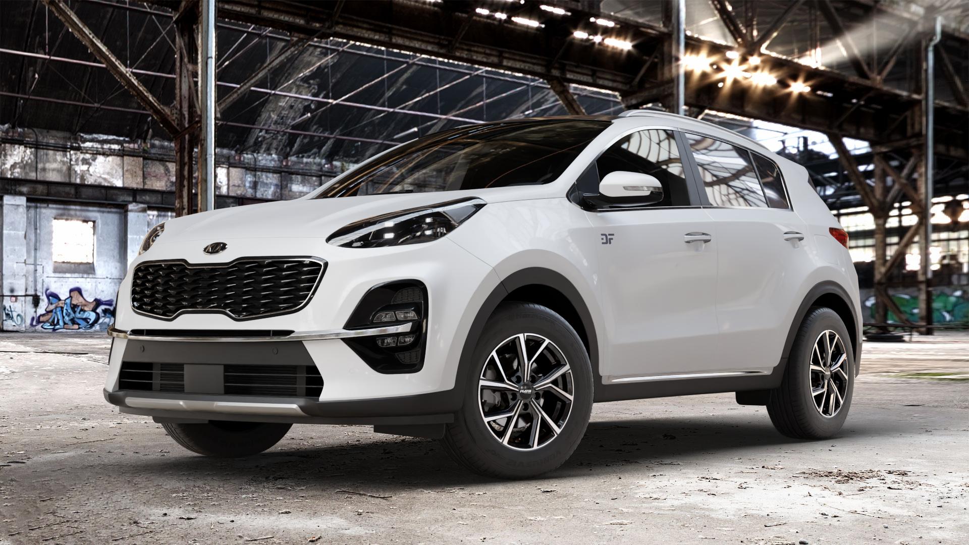 Platin Wheels P 115 black polished Felge mit Reifen silber schwarz in 16Zoll Alufelge auf weissem Kia Sportage IV Typ QLE Facelift QL ⬇️ mit 15mm Tieferlegung ⬇️ Old Industrial Hall_max_4400mm_2024 Frontansicht_1