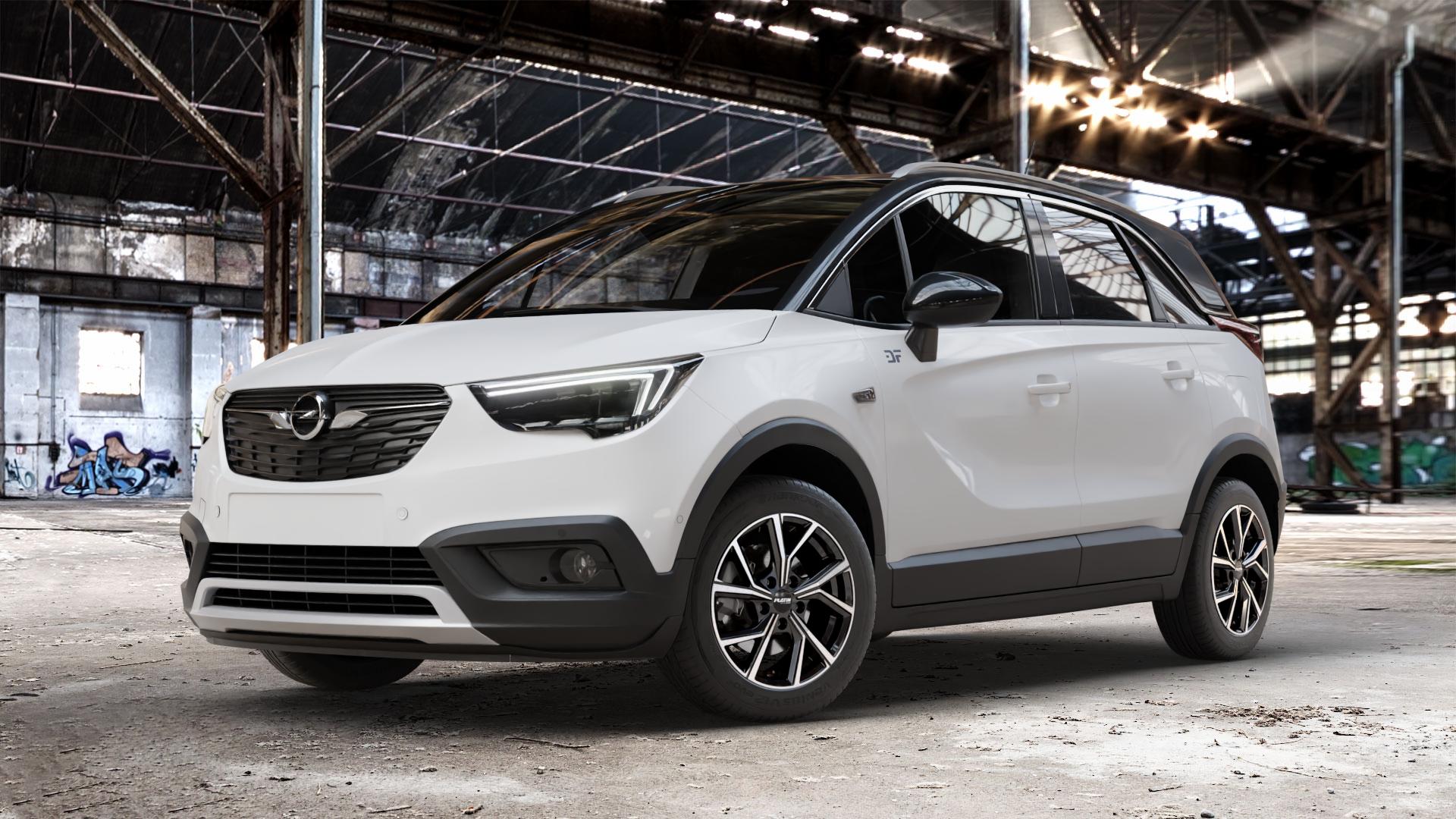 Platin Wheels P 115 black polished Felge mit Reifen silber schwarz in 16Zoll Alufelge auf weissem Opel Crossland X ⬇️ mit 15mm Tieferlegung ⬇️ Old Industrial Hall_max_4400mm_2024 Frontansicht_1
