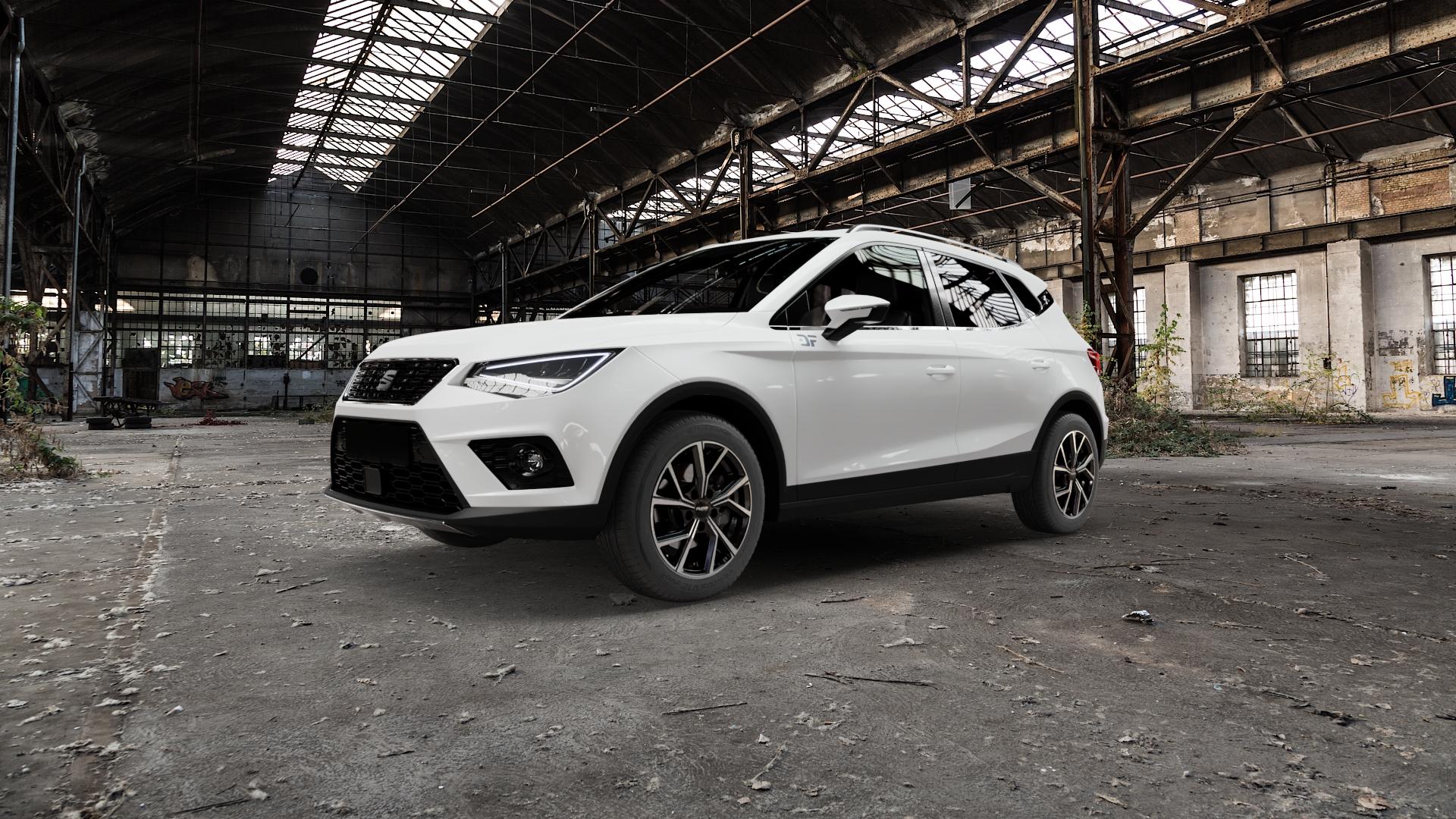 Platin Wheels P 115 black polished Felge mit Reifen silber schwarz in 16Zoll Alufelge auf weissem Seat Arona Typ KJ ⬇️ mit 15mm Tieferlegung ⬇️ Old Industrial Hall_max5000mm_2022 Frontansicht_1