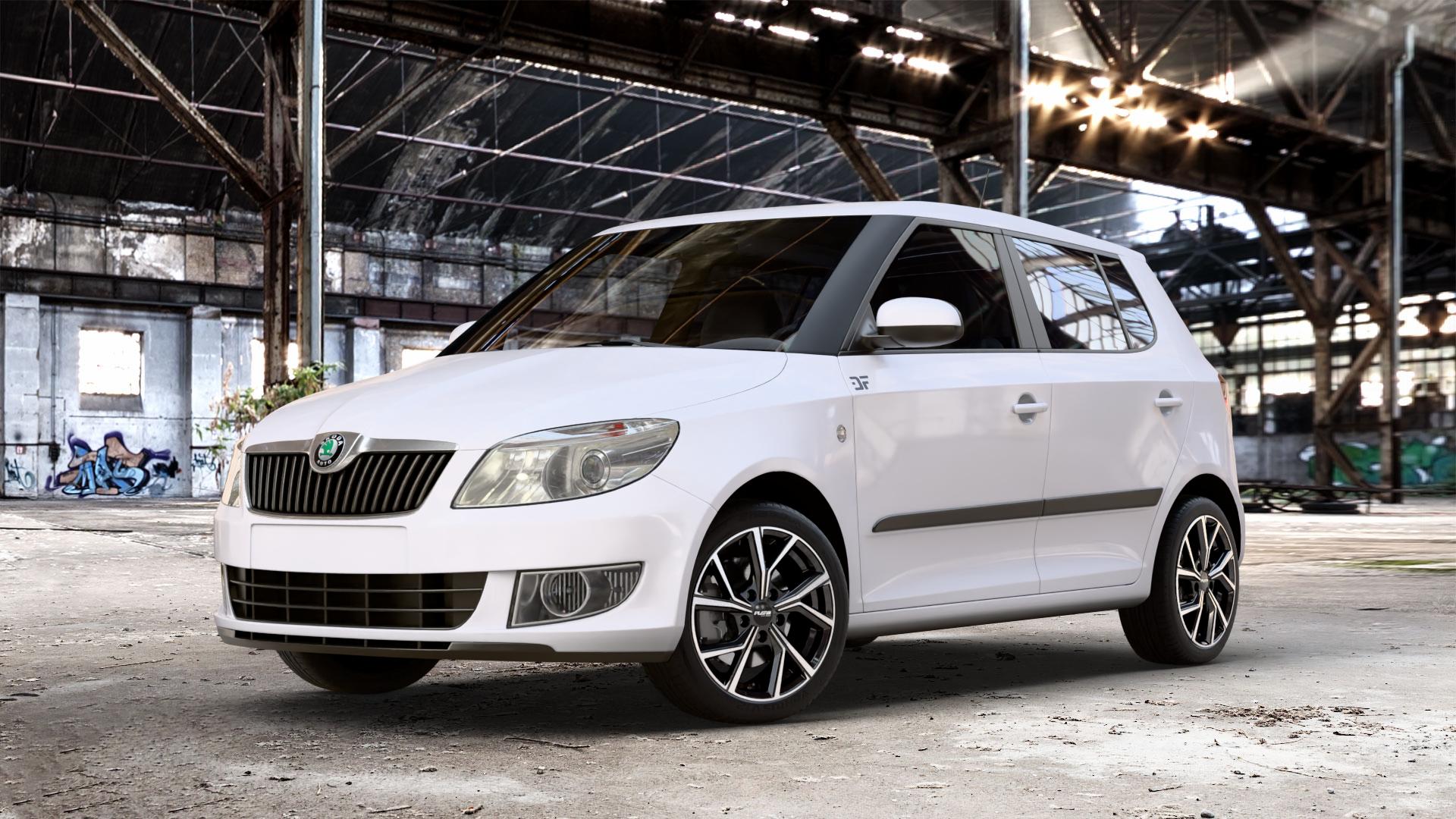 Platin Wheels P 115 black polished Felge mit Reifen silber schwarz in 16Zoll Alufelge auf weissem Skoda Fabia II Typ 5J Facelift ⬇️ mit 15mm Tieferlegung ⬇️ Old Industrial Hall_max_4400mm_2024 Frontansicht_1