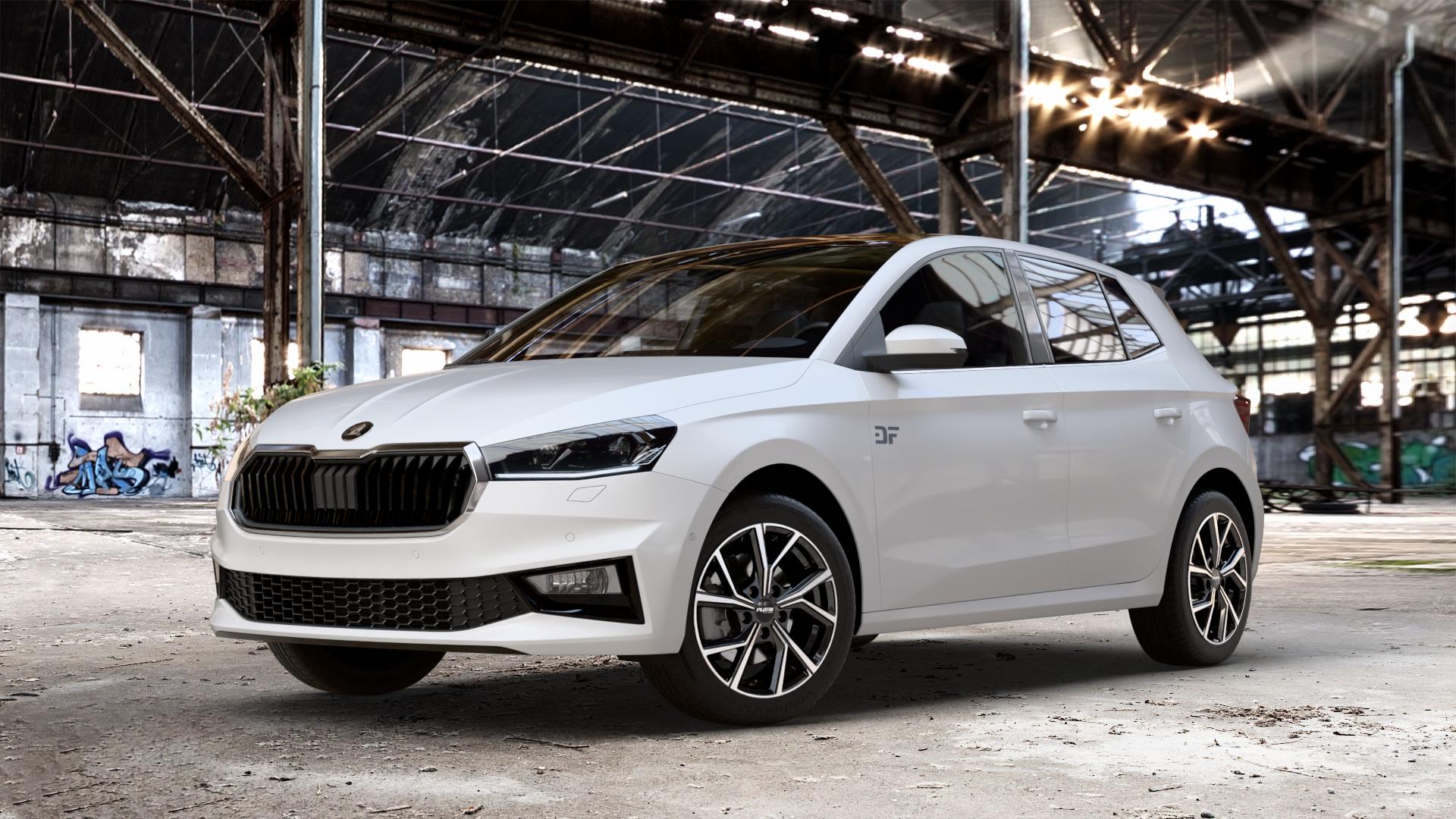 Platin Wheels P 115 black polished Felge mit Reifen silber schwarz in 16Zoll Alufelge auf weissem Skoda Fabia IV Typ PJ ⬇️ mit 15mm Tieferlegung ⬇️ Old Industrial Hall_max_4400mm_2024 Frontansicht_1